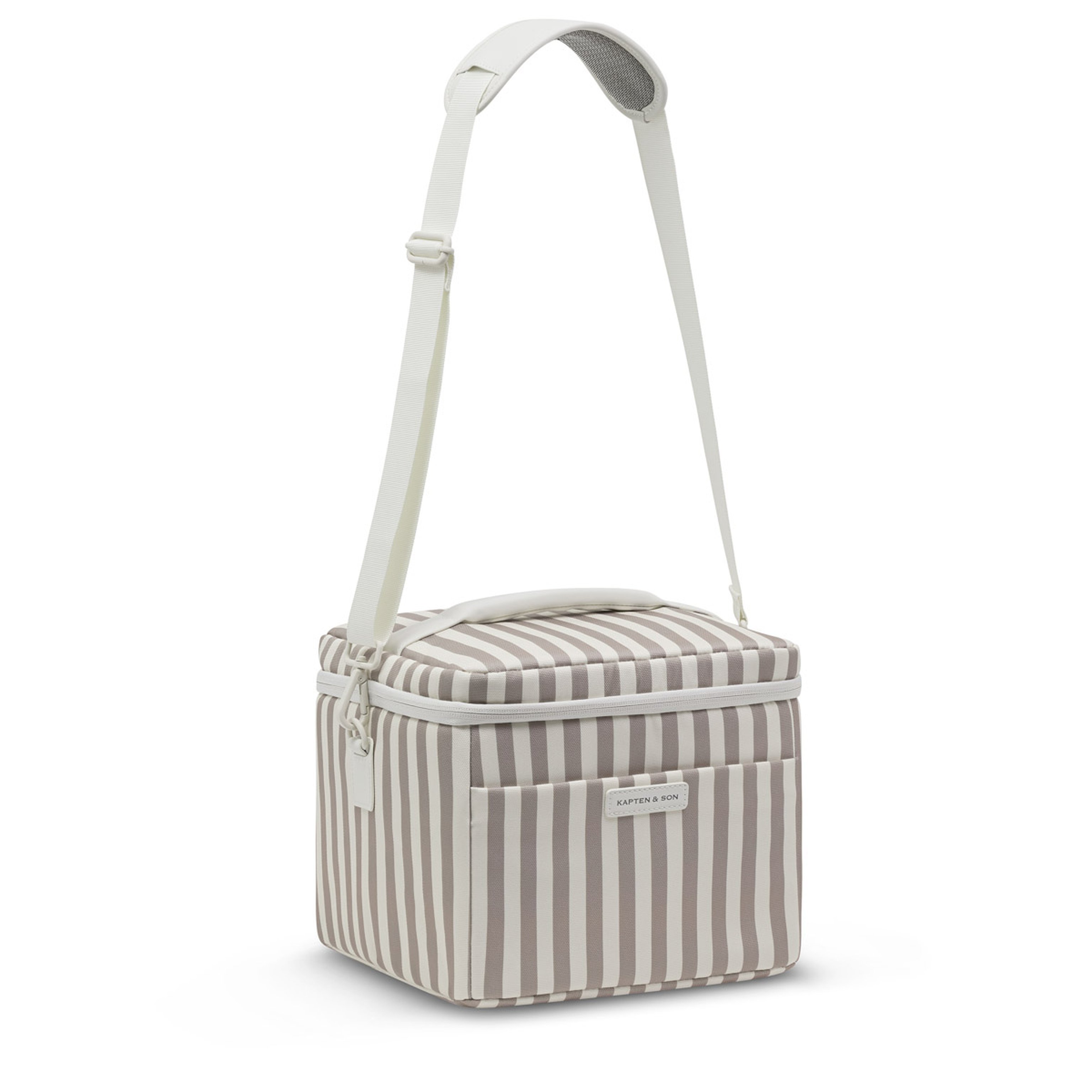 Striped cooler bag with beige and white vertical lines. Features a padded handle, adjustable shoulder strap, and front pocket. Modern and functional design.