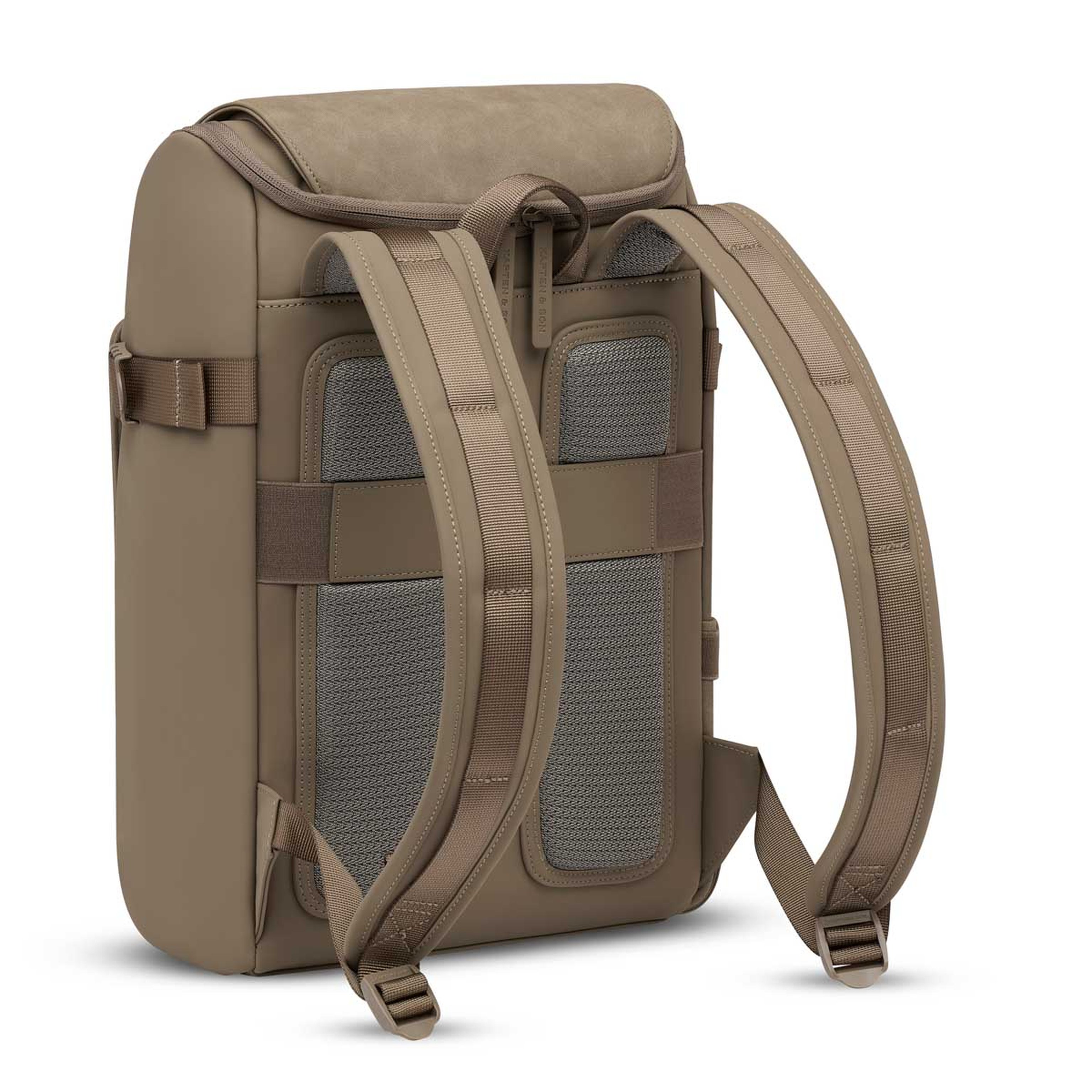 Backpack with padded straps and back support, featuring a sleek, minimalist design. The tone is functional and stylish, conveying durability.
