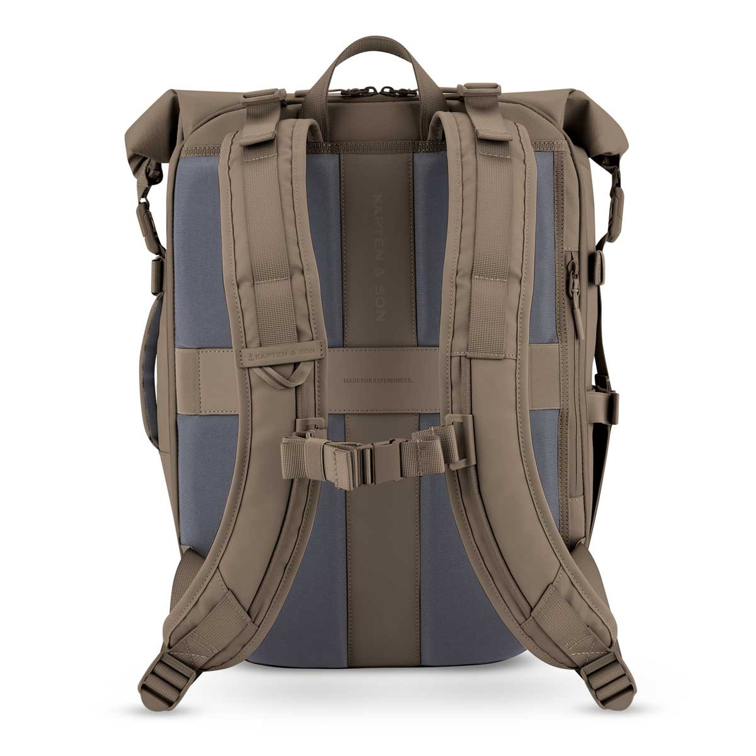 Rucksack mit gepolsterten Schulterriemen, einem Tragegriff oben und einer Brustschnalle. Das Design wirkt robust und gut strukturiert.
