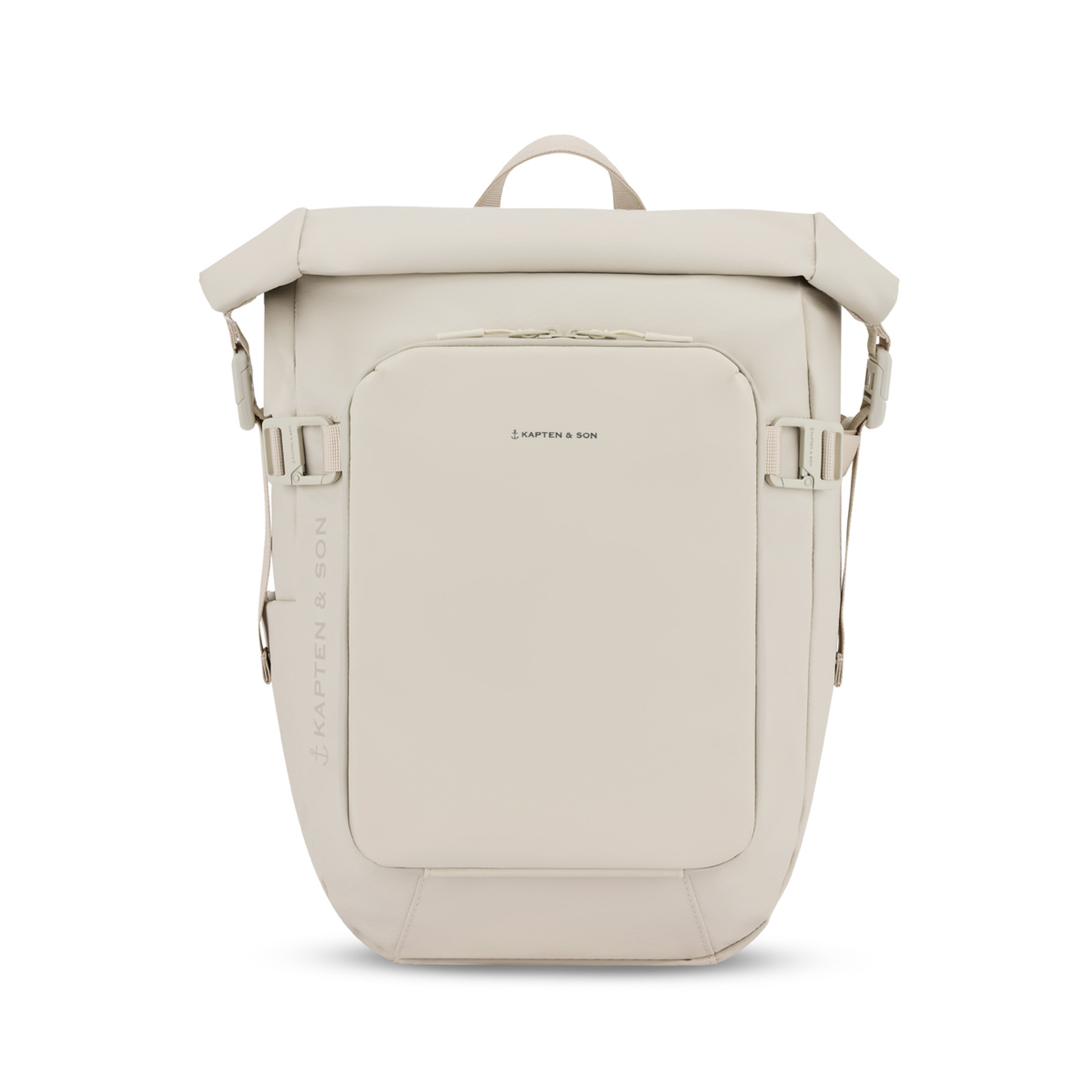 Backpack with a sleek, modern design, featuring a roll-top closure, front pocket, and side buckles. "KAPTEN & SON" logo on the front.