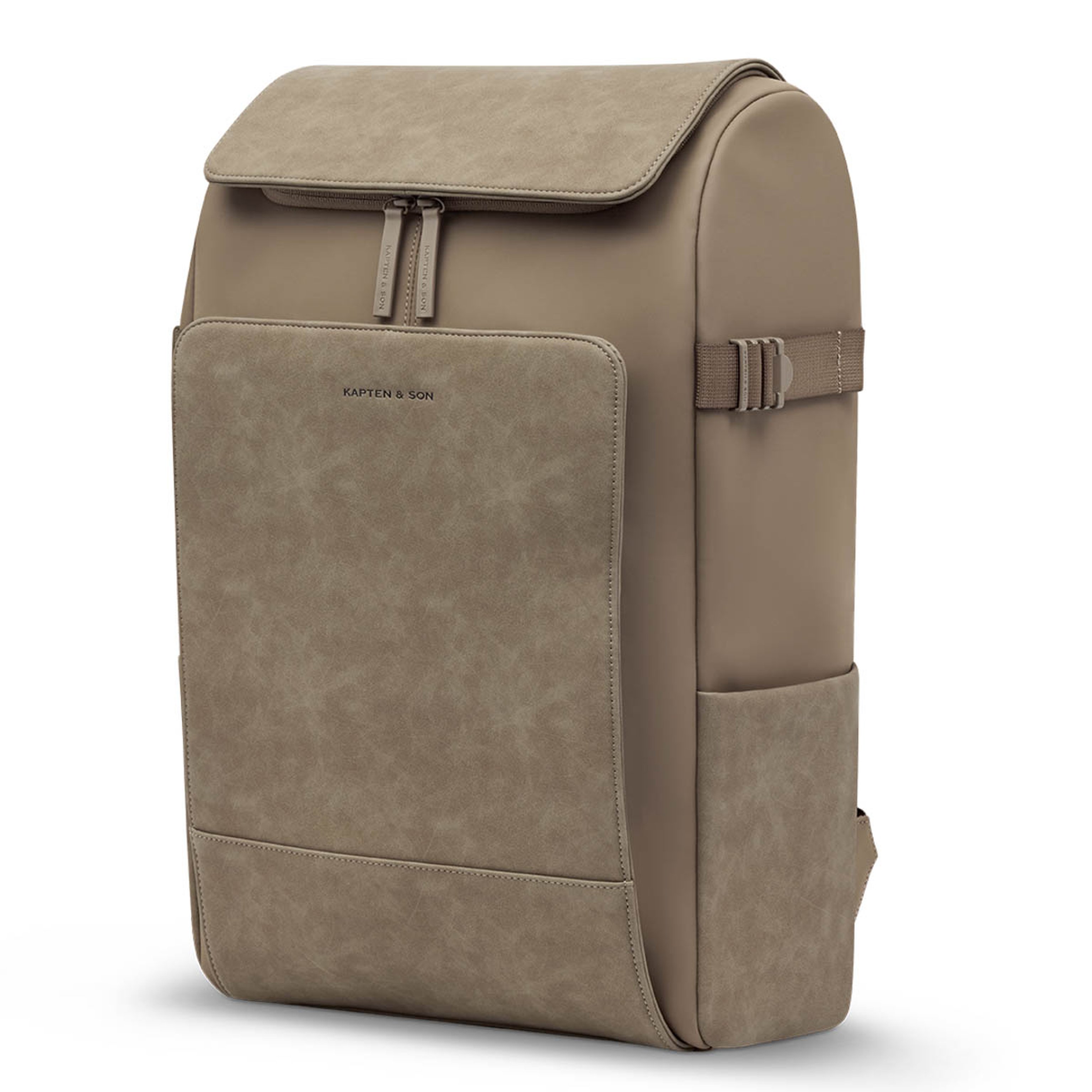 Sleek backpack with a textured front pocket, top-flap closure, and side buckle details. Modern, minimalist design.