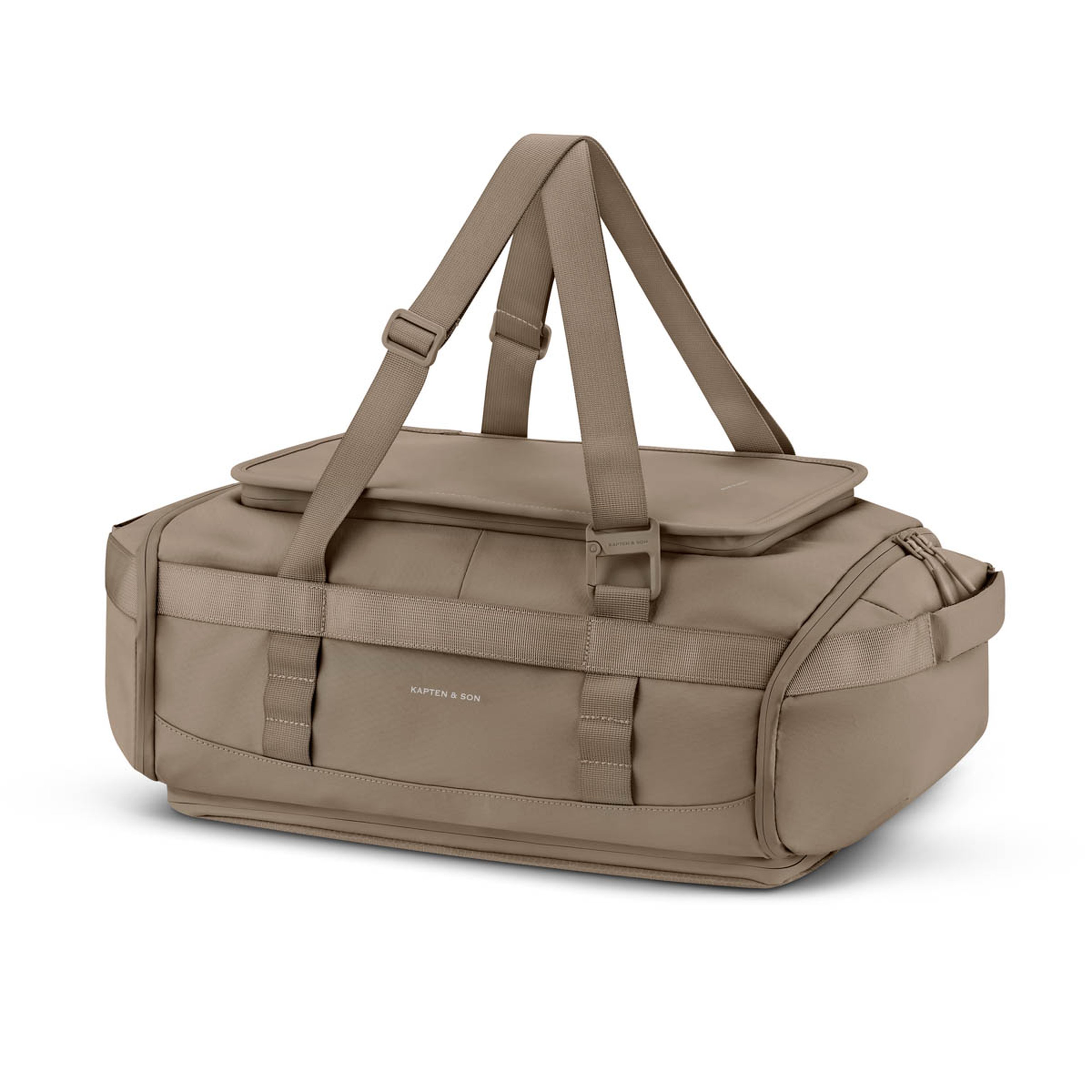 Eine taupefarbene Reisetasche mit mehreren Fächern, robusten Griffen und einem eleganten Design, vor weißem Hintergrund, die Funktionalität ausstrahlt.