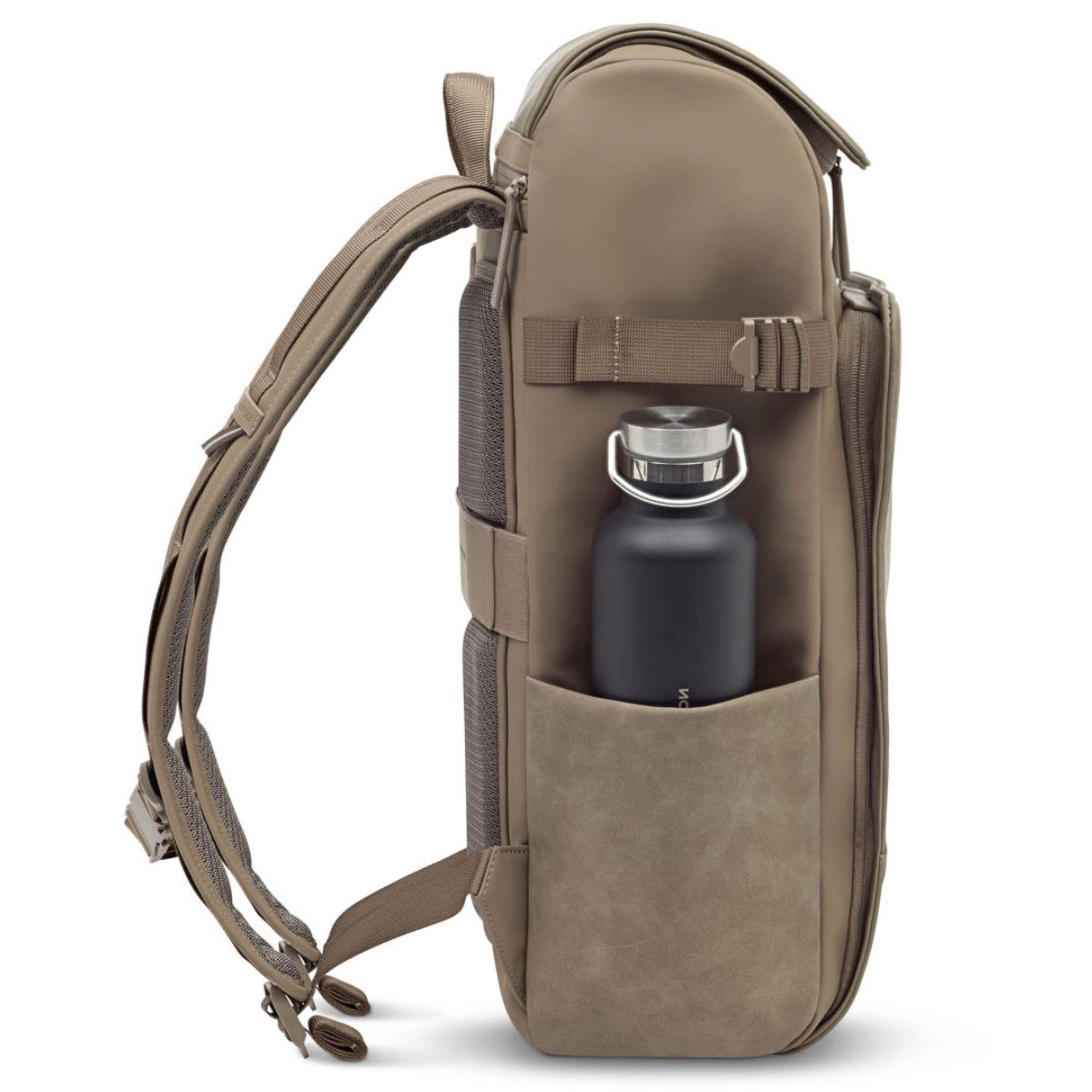 Side view of a backpack with a sleek design, featuring adjustable straps. A black water bottle is visible in an exterior side pocket.