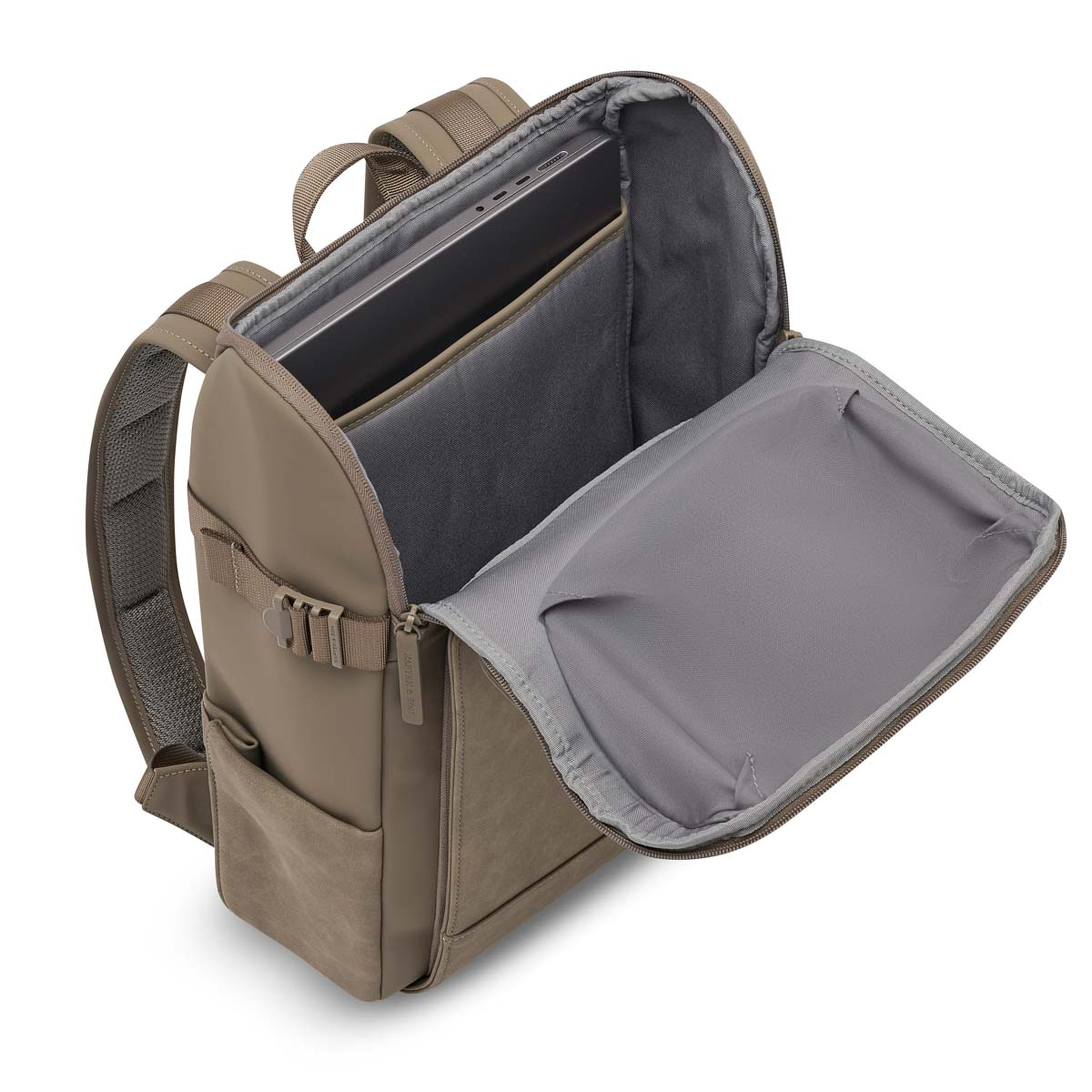 Backpack with an open top flap revealing a laptop compartment. It has adjustable straps and pockets, conveying functionality and modern design.