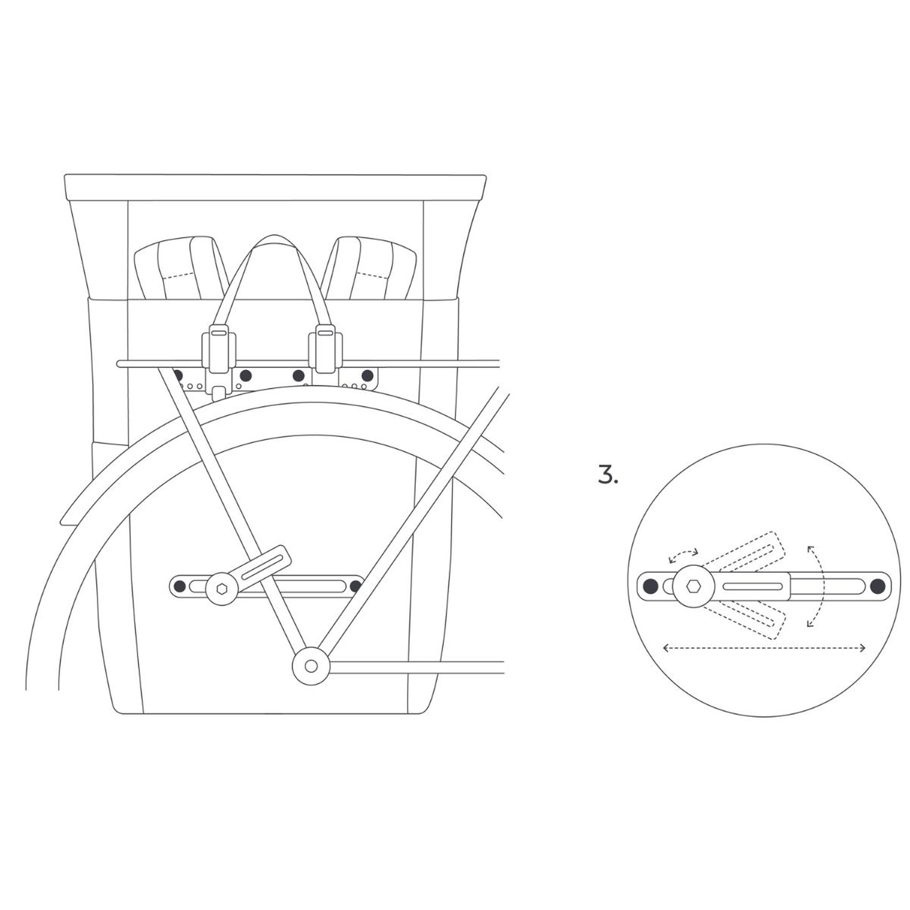 Line drawing of a bicycle's rear fender and rack, featuring a schematic of an adjustable lever mechanism. Circular inset details adjustment positions.
