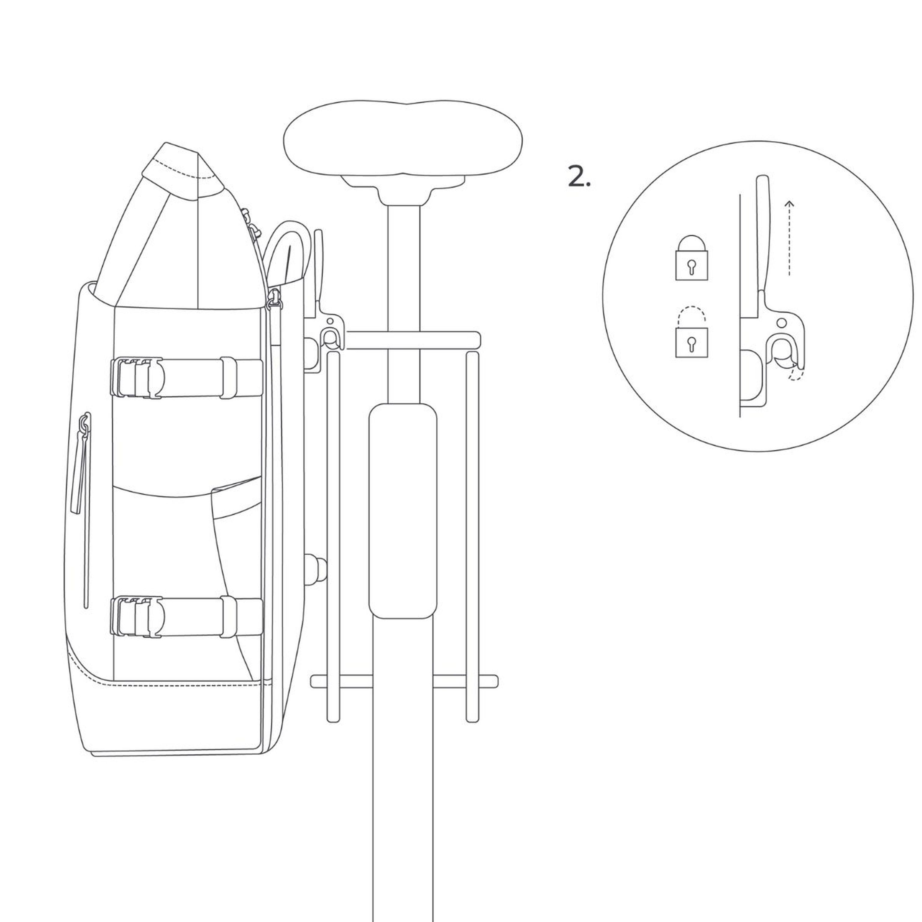 Illustration of a bicycle seen from the rear with a backpack mounted on the side. A zoomed detail shows how to lock and unlock the mounting bracket.