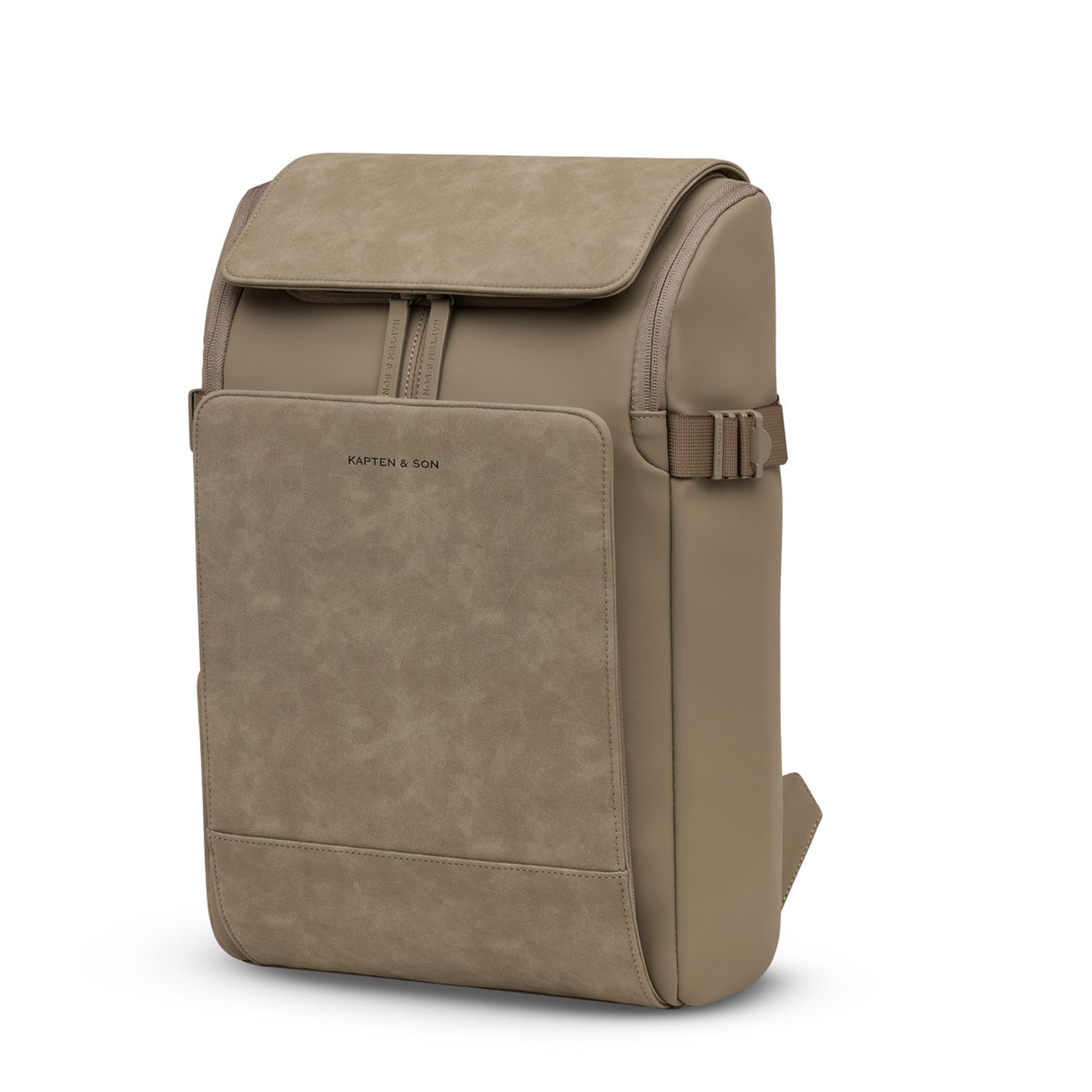 Sleek backpack with a textured front pocket, top-flap closure, and side buckle details. Modern, minimalist design.