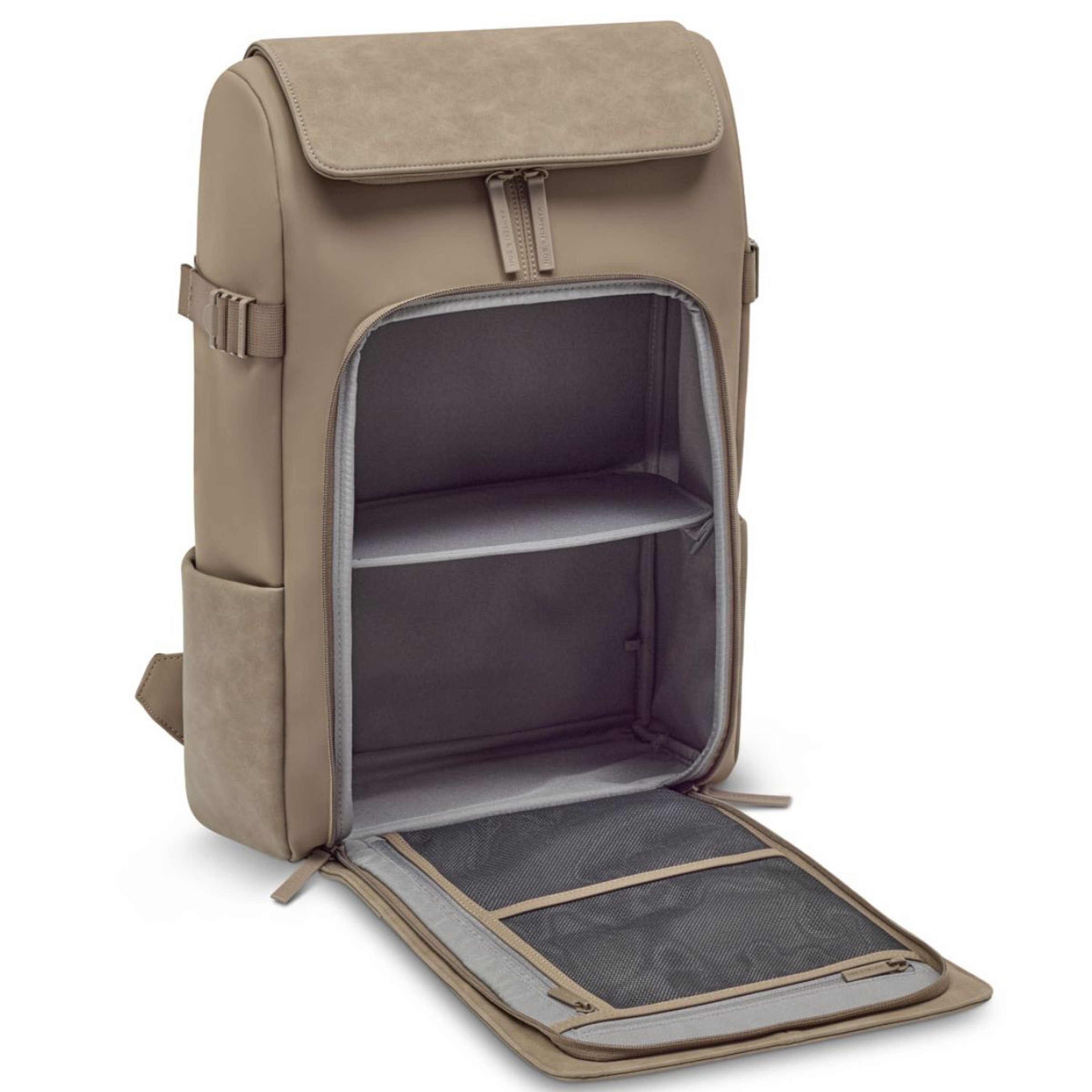 Backpack with a front flap, tan trim, and gray interior. Open front reveals divider, compartments, and mesh pockets, conveying practicality and organization.