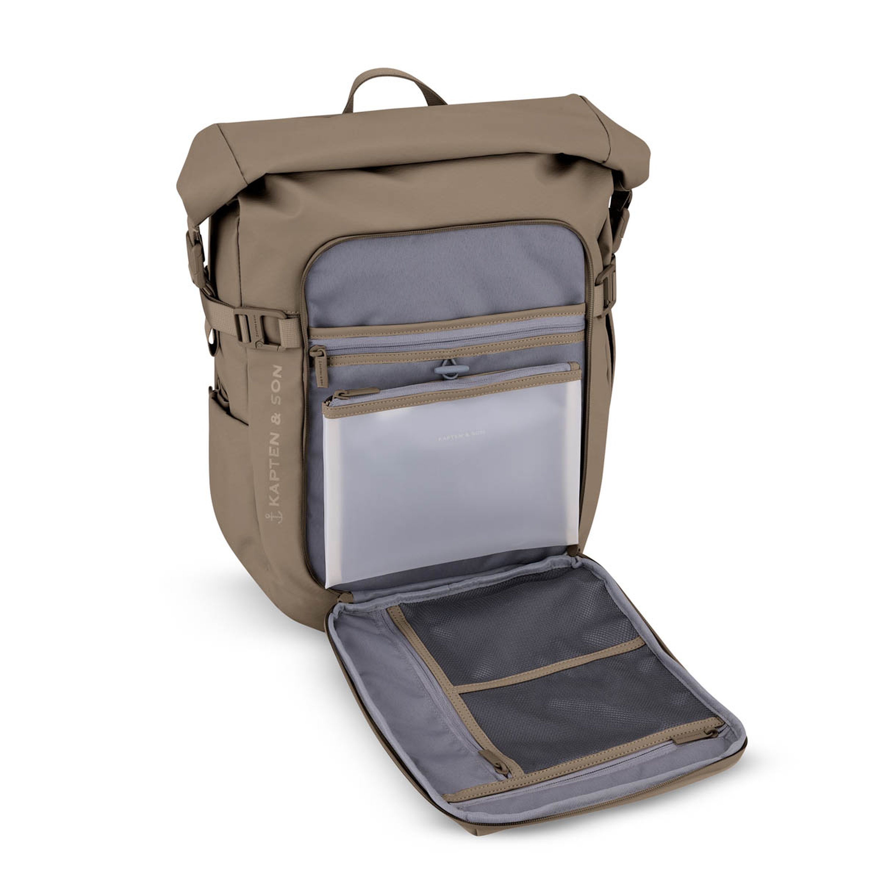 Rucksack mit mehreren Fächern, darunter Netz- und Reißverschlusstaschen. Der aufklappbare Deckel und das elegante Design verbinden Funktionalität und Stil.