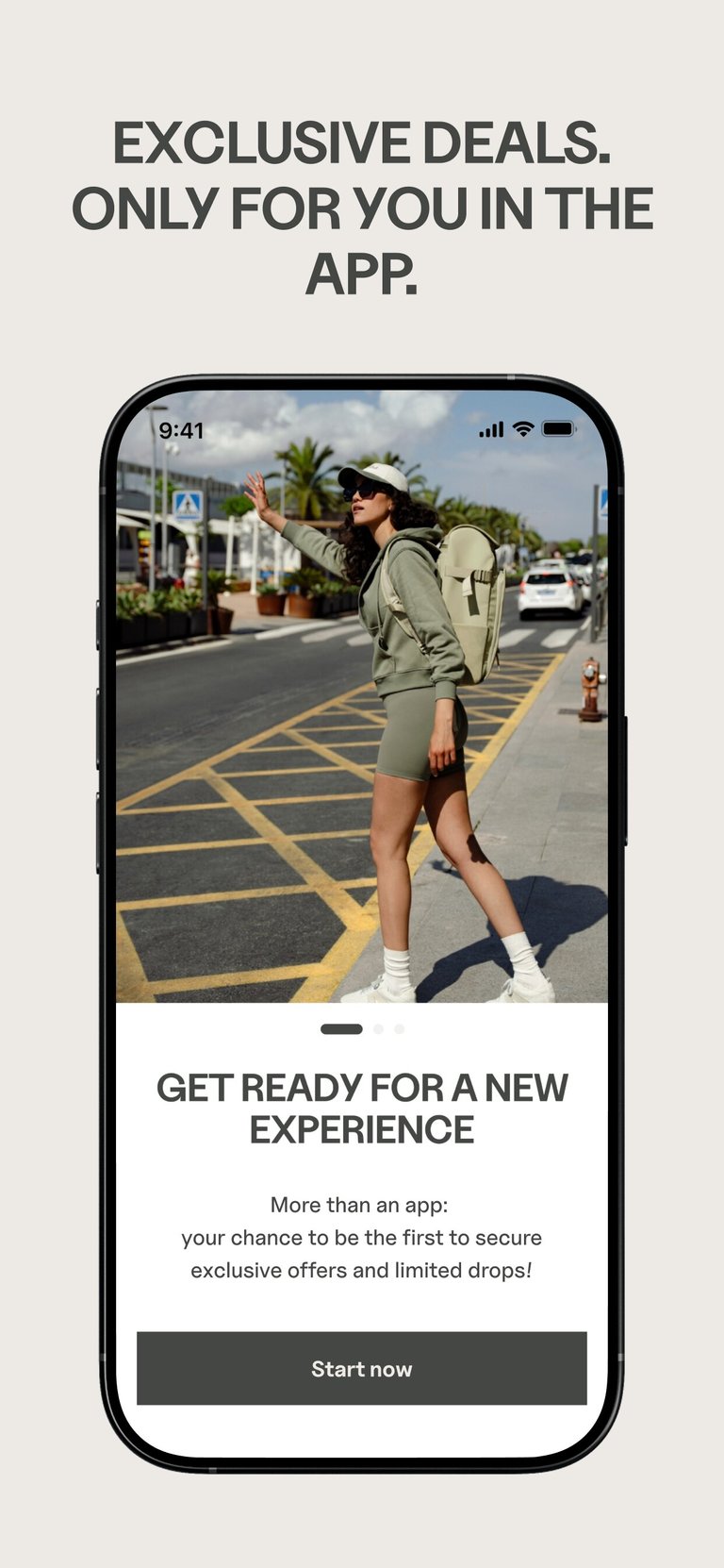 Four screenshots of the Kapten & Son app: home screen with exclusive deals, product overview with women's and men's categories, bag overview with filter function, and a product detail page of the Bergen Pro Leo Dark Brown backpack.