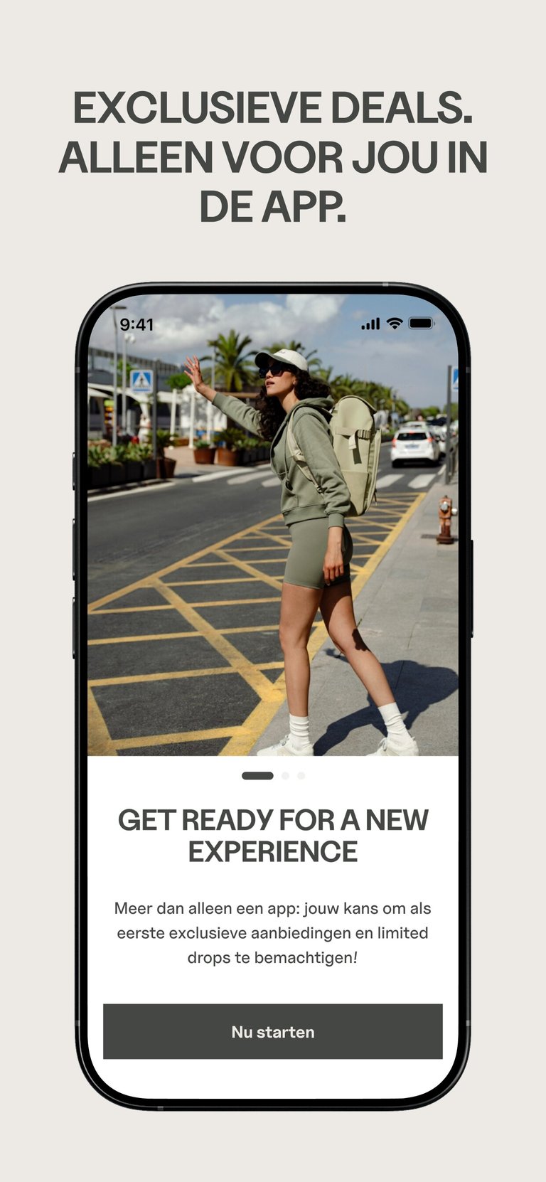 Vier screenshots van de Kapten & Son app: startscherm met exclusieve deals, productoverzicht met dames- en herencategorieën, tassenoverzicht met filterfunctie en een productdetailpagina van de Bergen Pro Leo Dark Brown rugzak.