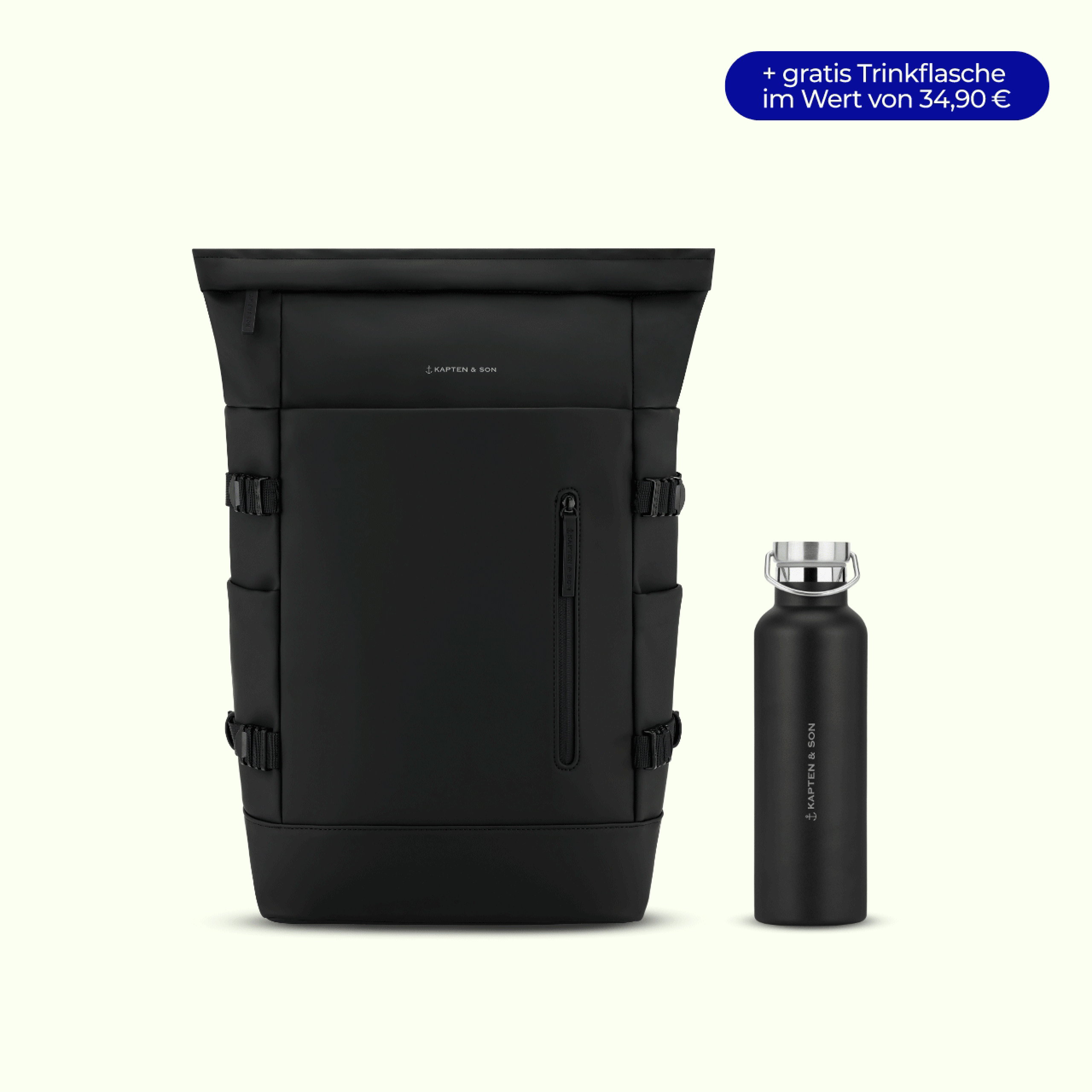Animiertes Bild mit drei Kapten & Son Back-to-School-Sets, bestehend aus je einer Tasche und einer passenden Edelstahl-Trinkflasche: ein taupefarbener Bergen Rucksack, eine hellrosa Hellvi Tote Bag und ein schwarzer Helsinki Roll-Top-Rucksack, alle auf hellem Hintergrund.