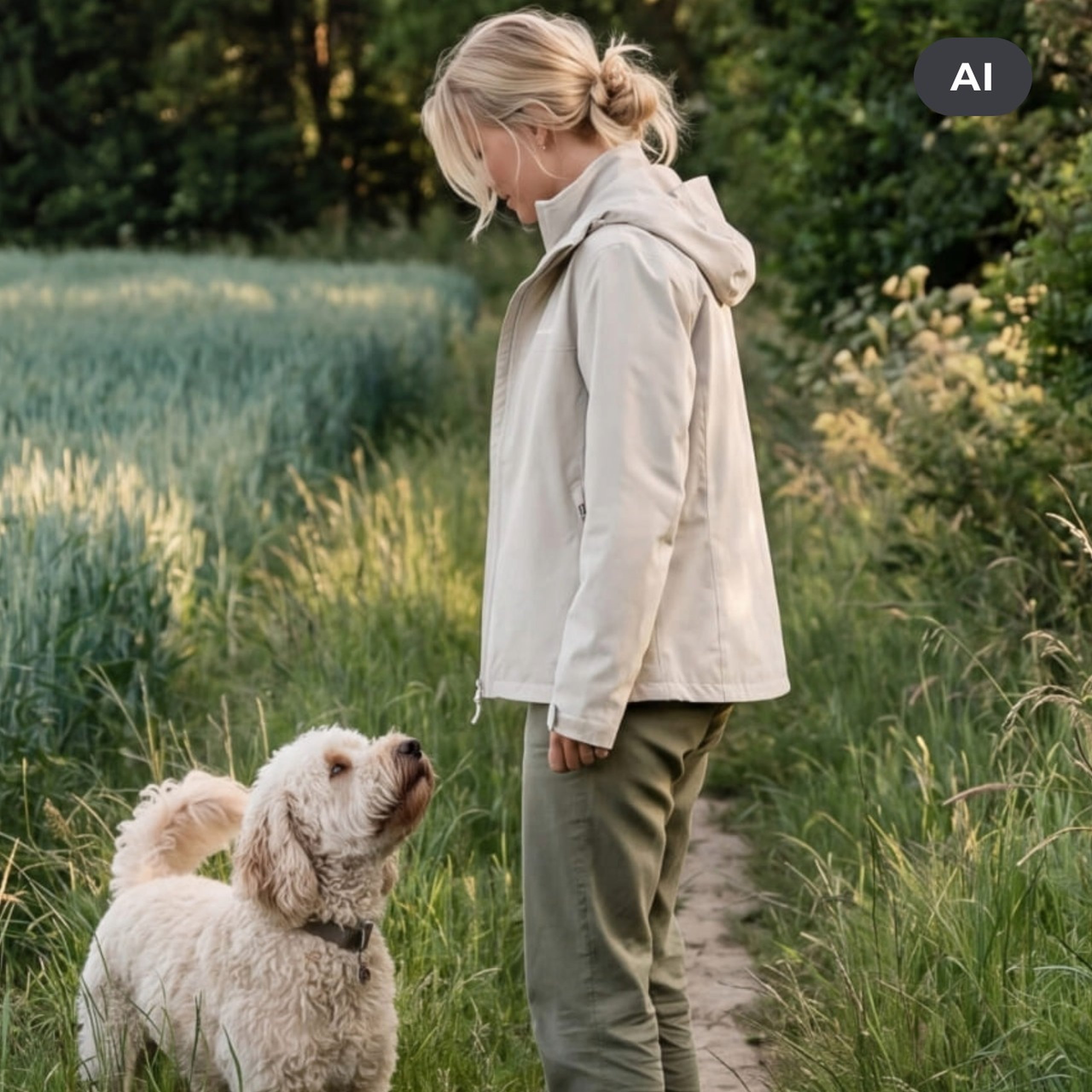 junge frau trägt kapten & son jacke und geht gassi mit hund. bild ki generiert.