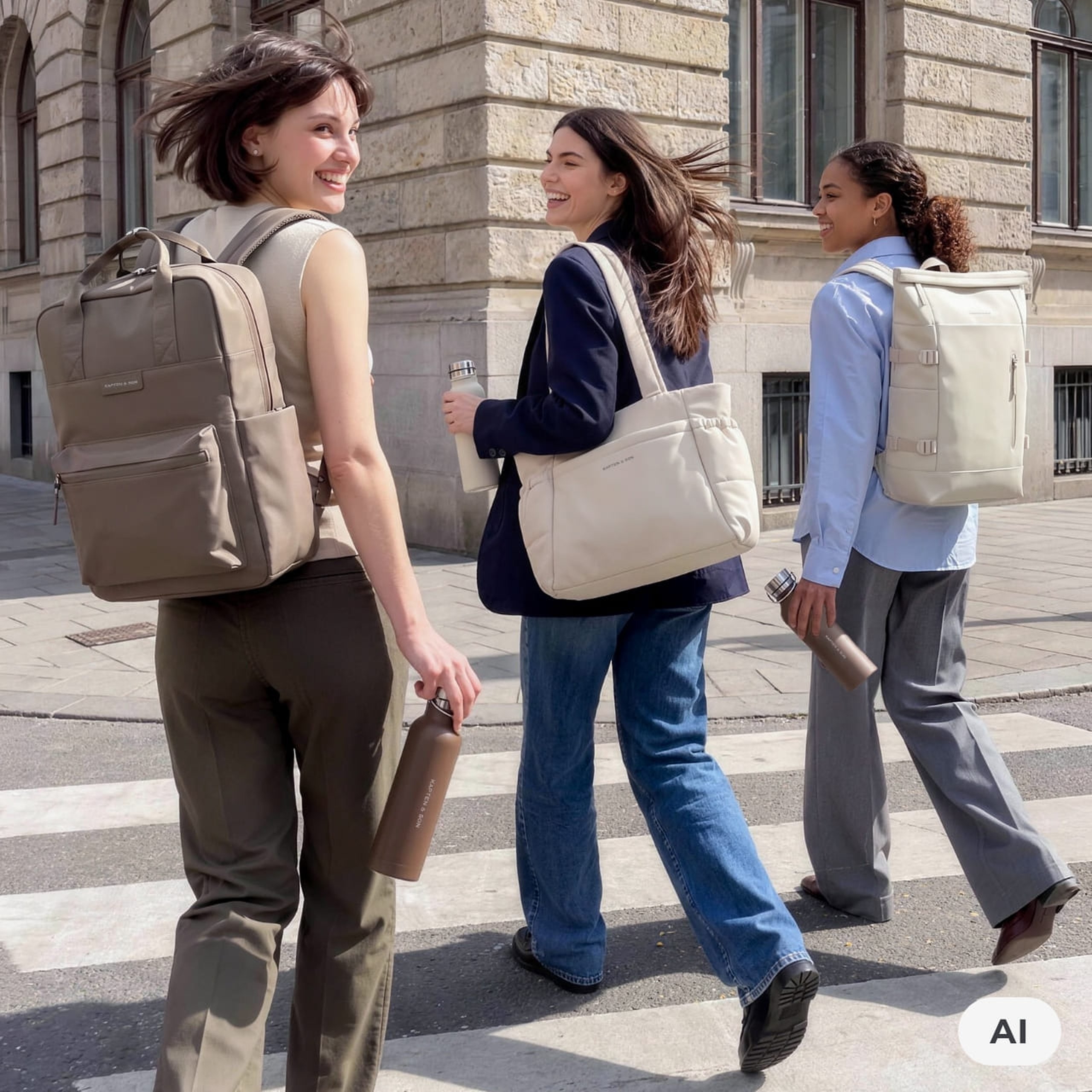 AI Generated: Drei lachende Frauen überqueren einen Zebrastreifen in einer Stadt. Sie tragen Kapten & Son Taschen – einen beigen Rucksack, eine cremefarbene Tote Bag und einen cremefarbenen Rolltop-Rucksack – sowie passende Trinkflaschen.