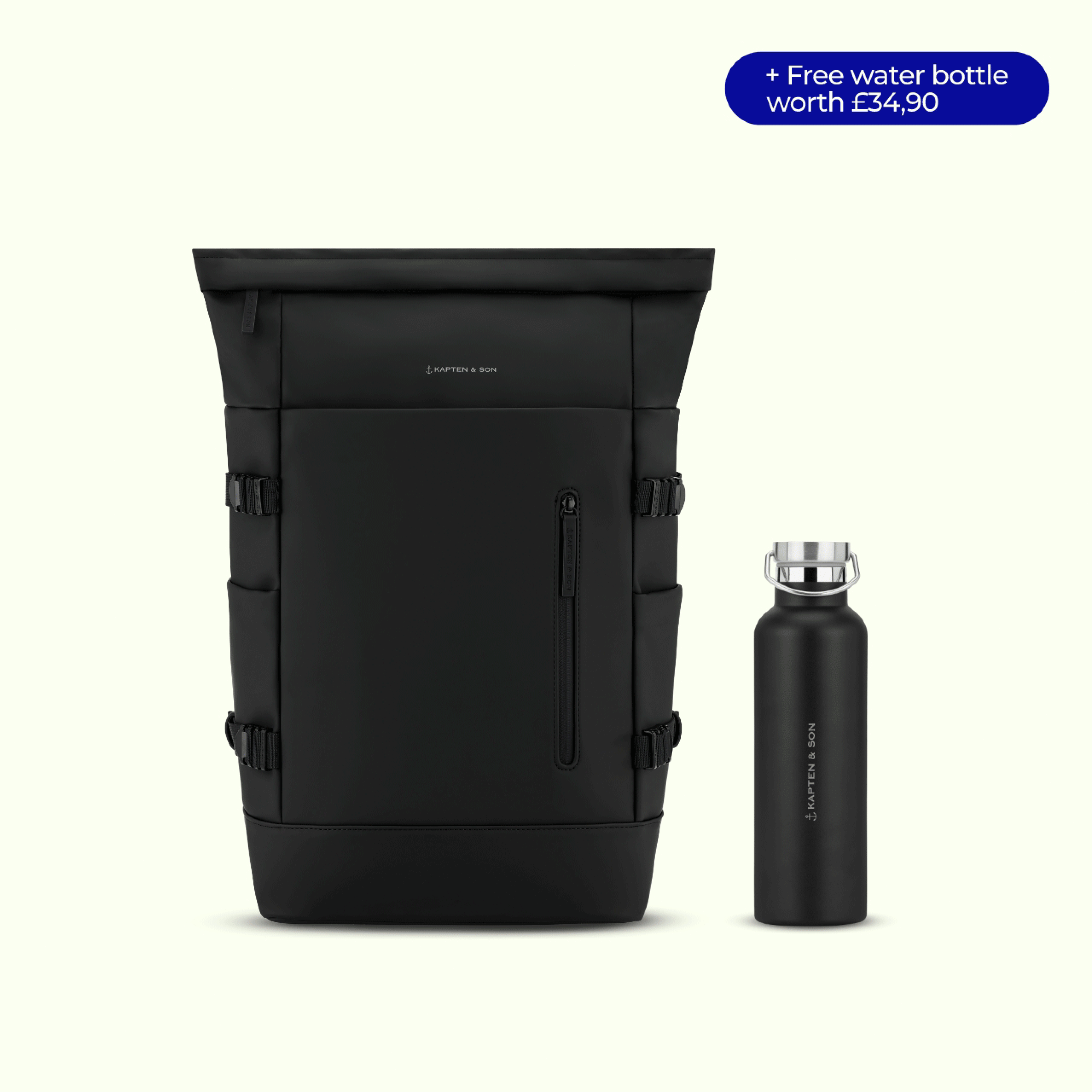 AI Generated: A taupe Kapten & Son backpack and a matching Kapten & Son water bottle placed on a white table in a bright, modern office.