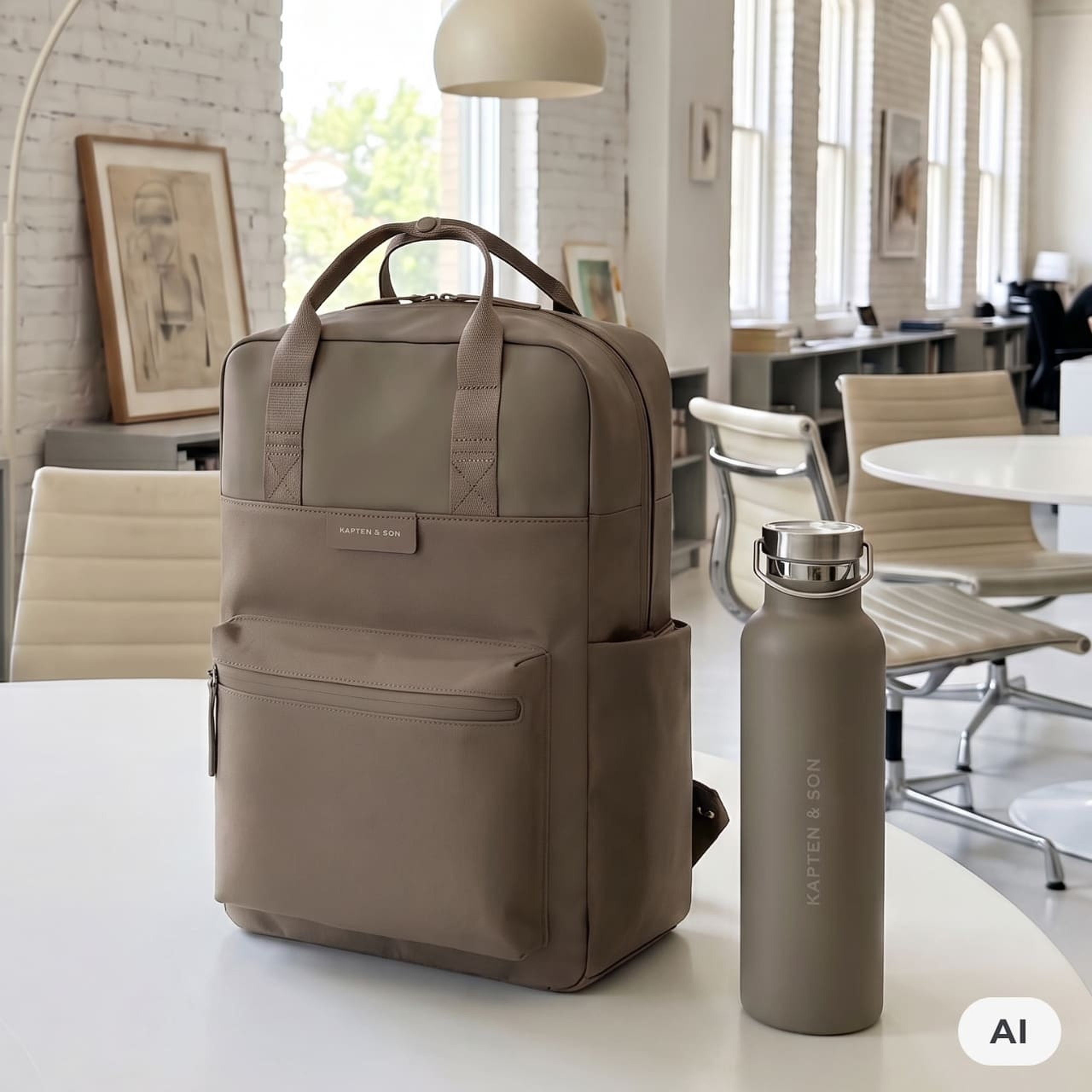 AI Generated: A taupe Kapten & Son backpack and a matching Kapten & Son water bottle placed on a white table in a bright, modern office.