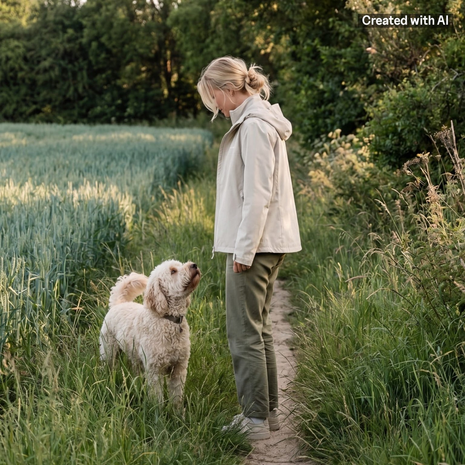 junge frau trägt kapten & son jacke und geht gassi mit hund