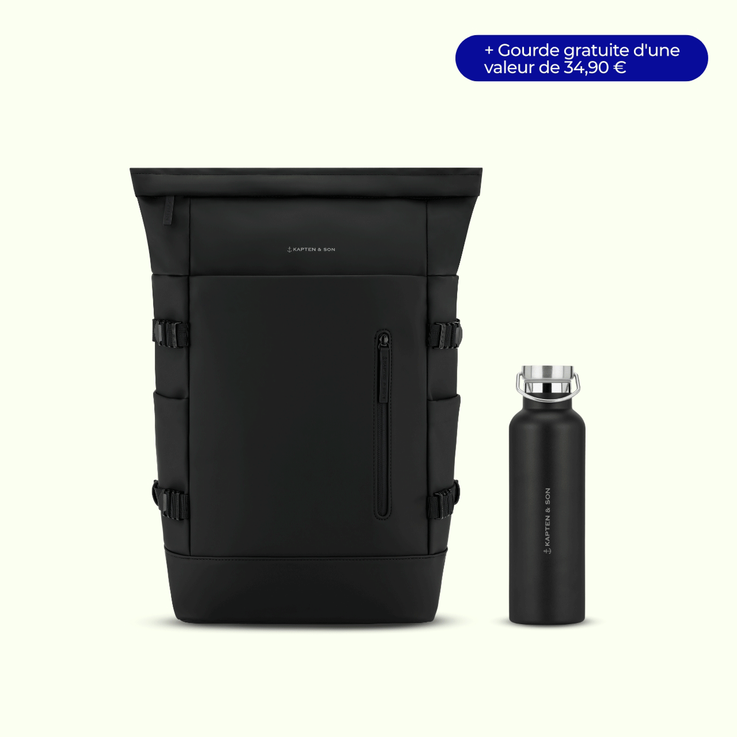 Image animée présentant trois sets Back-to-School de Kapten & Son, comprenant chacun un sac et une gourde en acier inoxydable assortie : un sac à dos Bergen couleur taupe, un tote bag Hellvi rose clair et un sac à dos à fermeture roulée Helsinki noir, tous sur fond clair.
