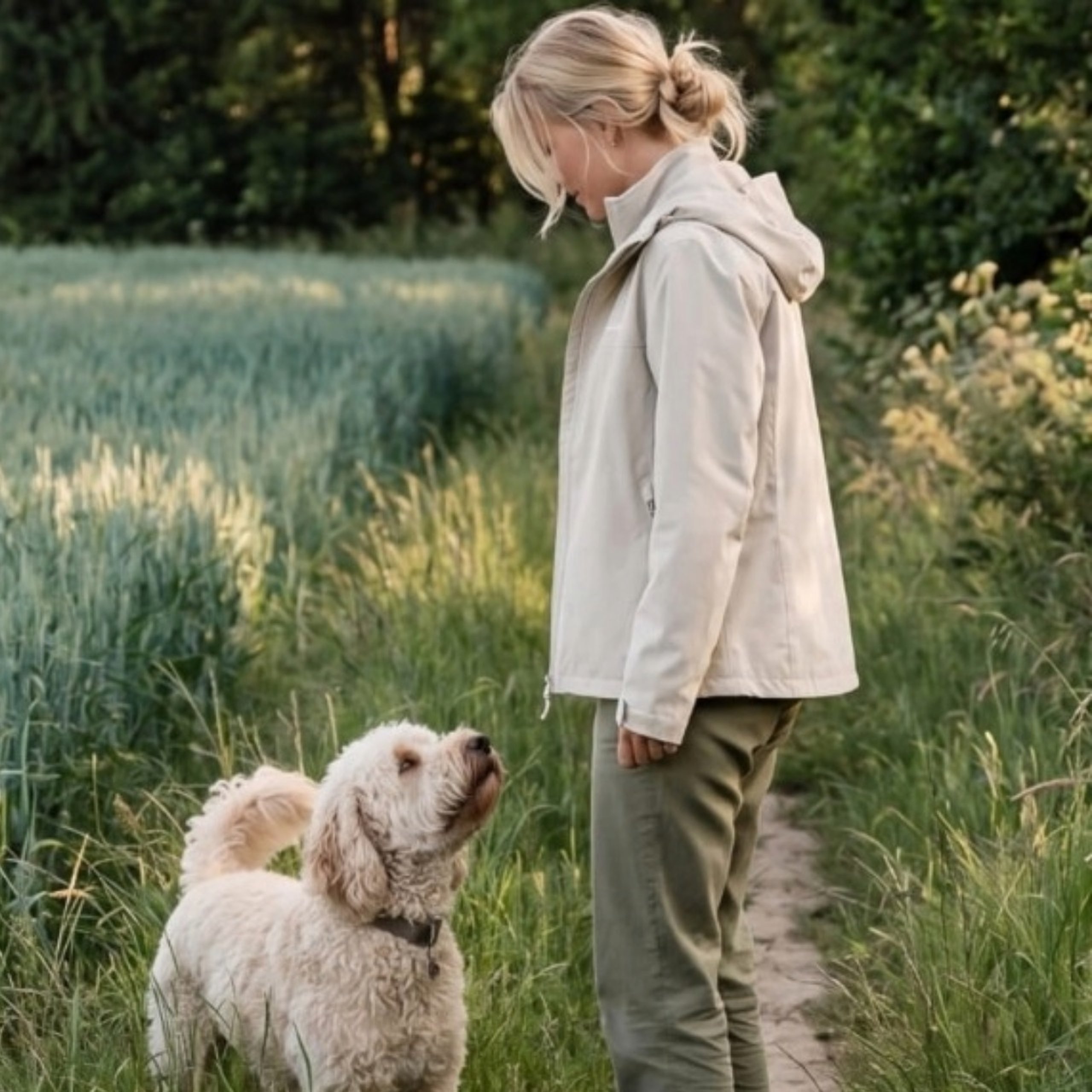 junge frau trägt kapten & son jacke und geht gassi mit hund