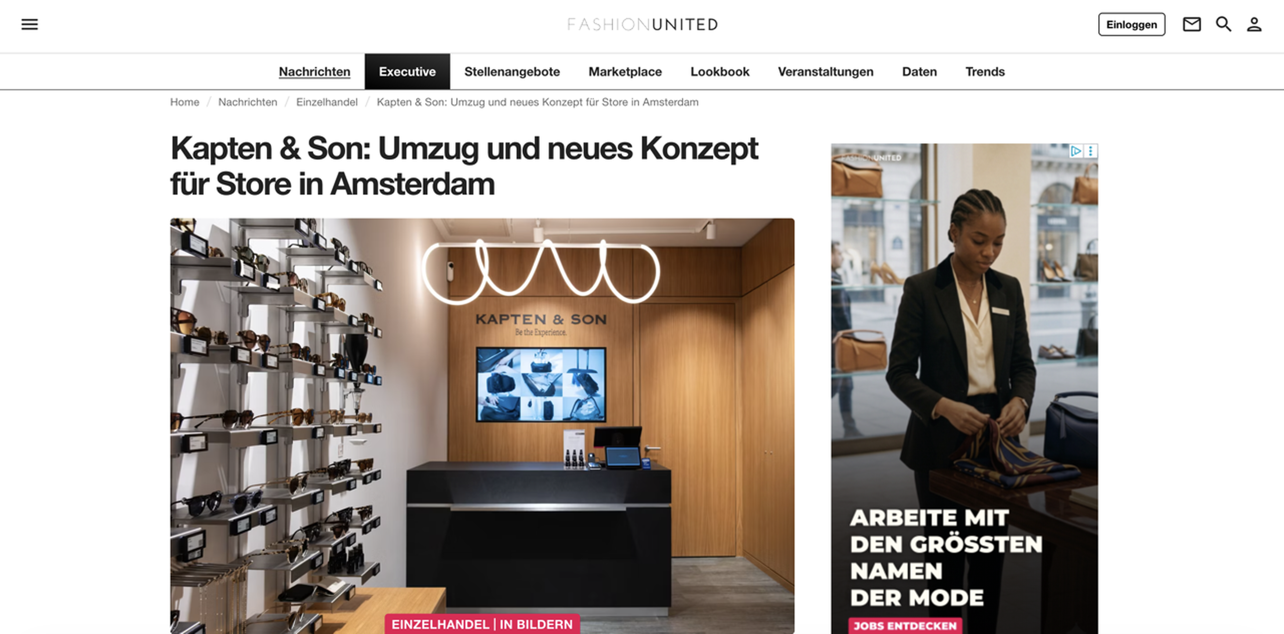 Screenshot eines FashionUnited-Artikels über den Umzug und das neue Konzept des Kapten & Son Stores in Amsterdam