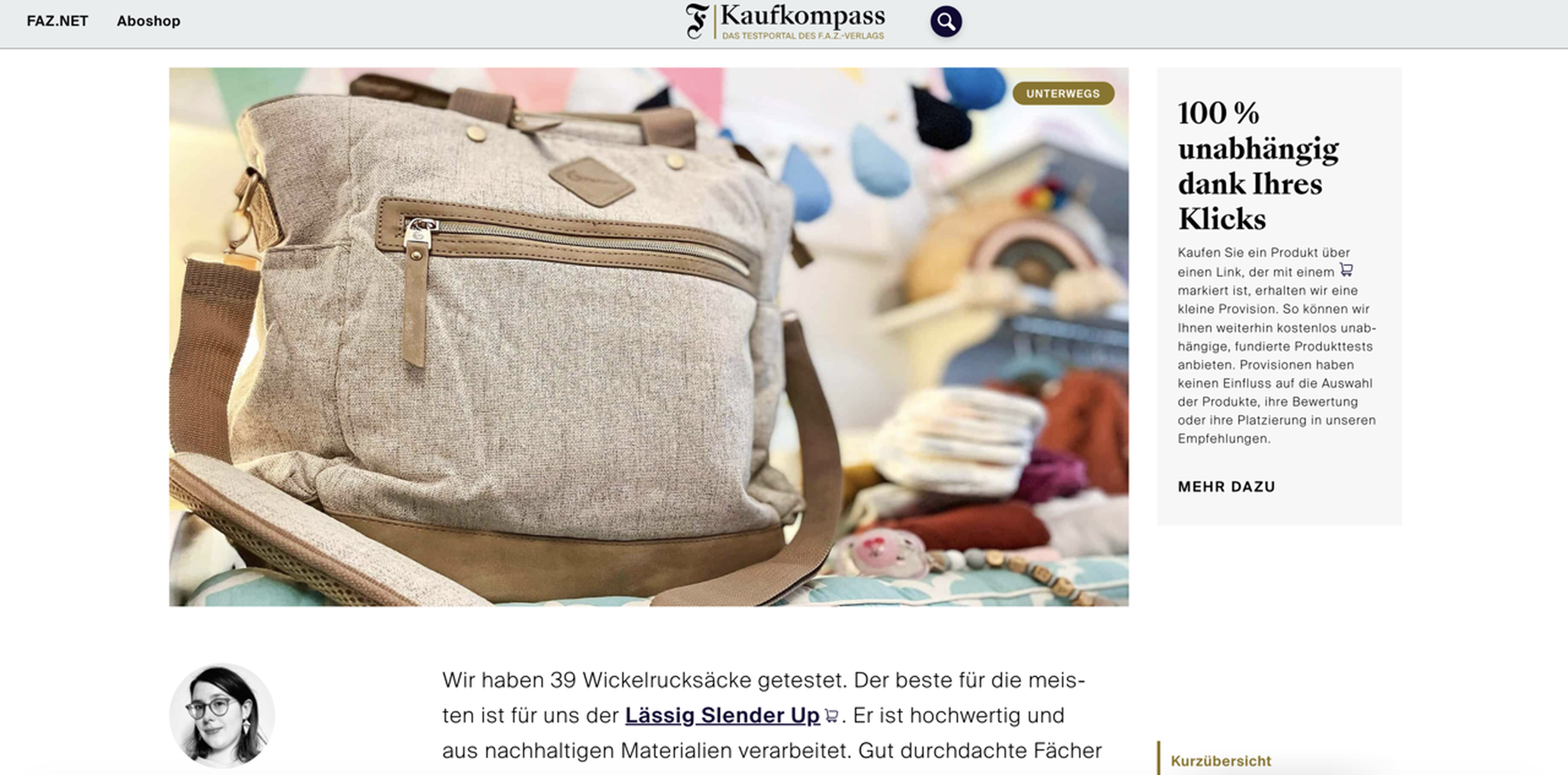 Screenshot eines FAZ Kaufkompass-Artikels über einen Wickelrucksack-Test mit dem Lässig Slender Up als Testsieger