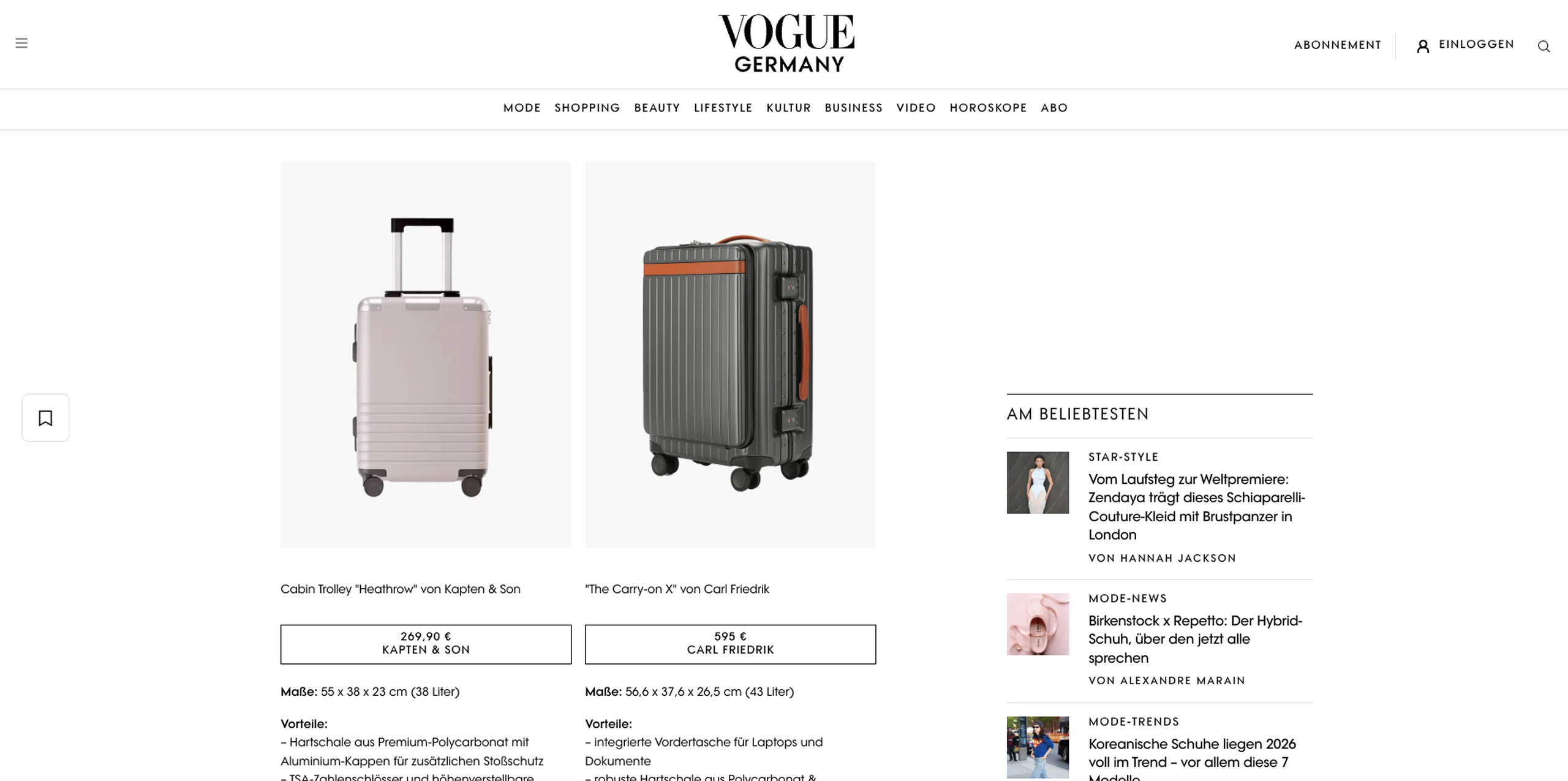 Kapten & Son Cabin Trolley „Heathrow" auf der Vogue Germany Website im Vergleich mit einem Konkurrenzprodukt, inklusive Preis- und Produktangaben