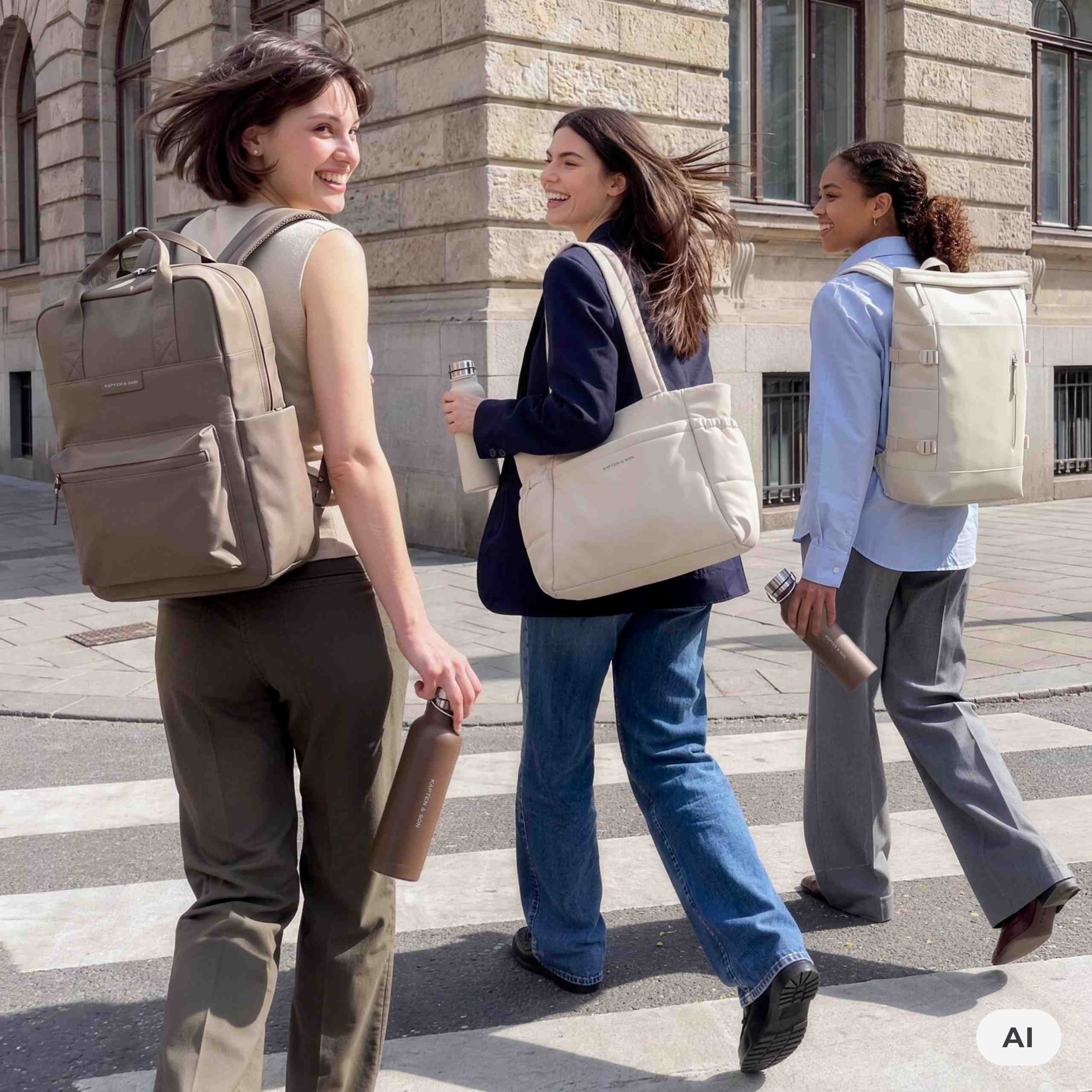 AI Generated Image: Drie lachende vrouwen steken een zebrapad over in de stad. Ze dragen Kapten & Son tassen – een beige rugzak, een crèmekleurige tote bag en een crèmekleurige rolltop rugzak – samen met bijpassende drinkflessen.