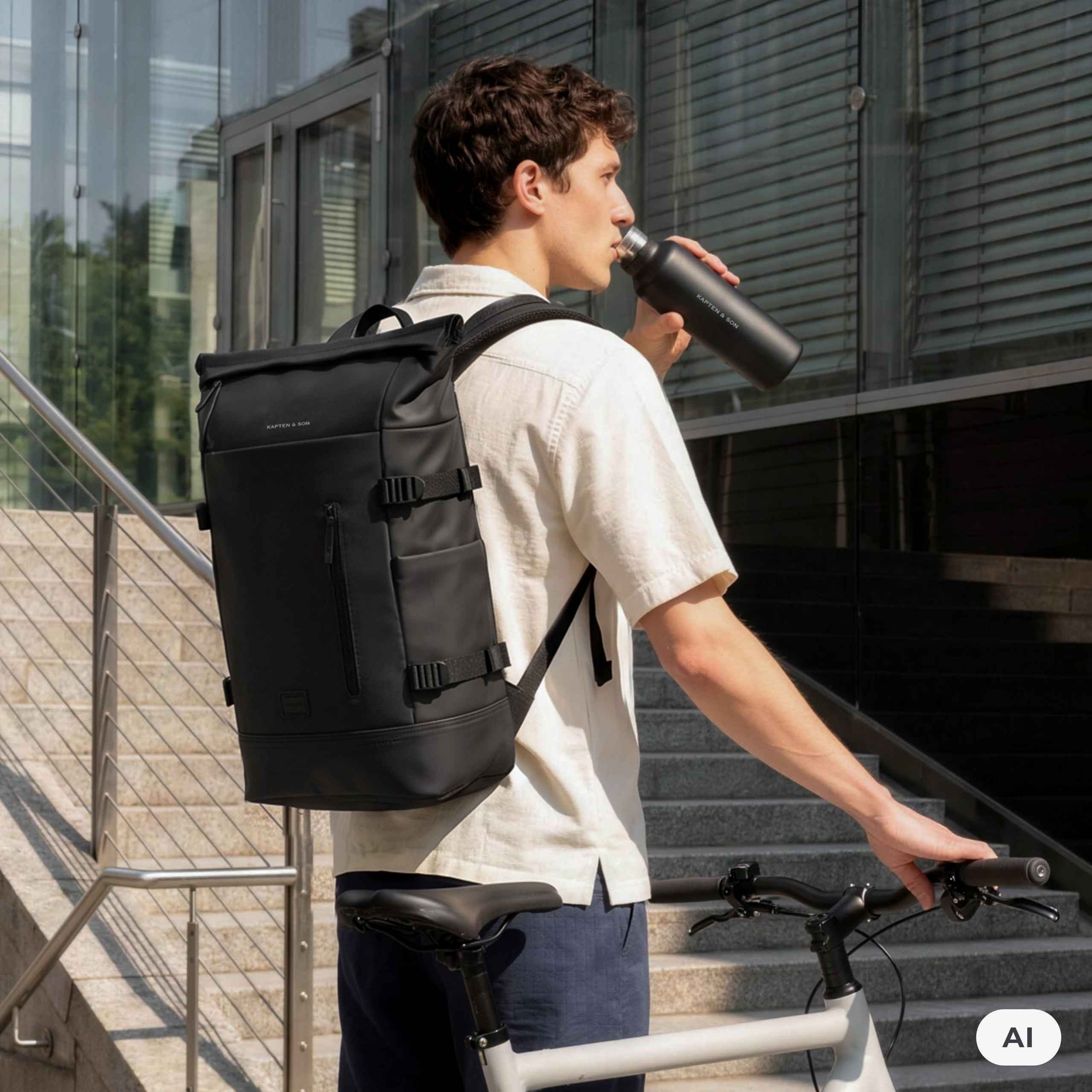 AI Generated: Ein Mann mit einem schwarzen Kapten & Son Rolltop-Rucksack trinkt aus einer schwarzen Kapten & Son Trinkflasche und hält ein Fahrrad vor einem modernen Glasgebäude.