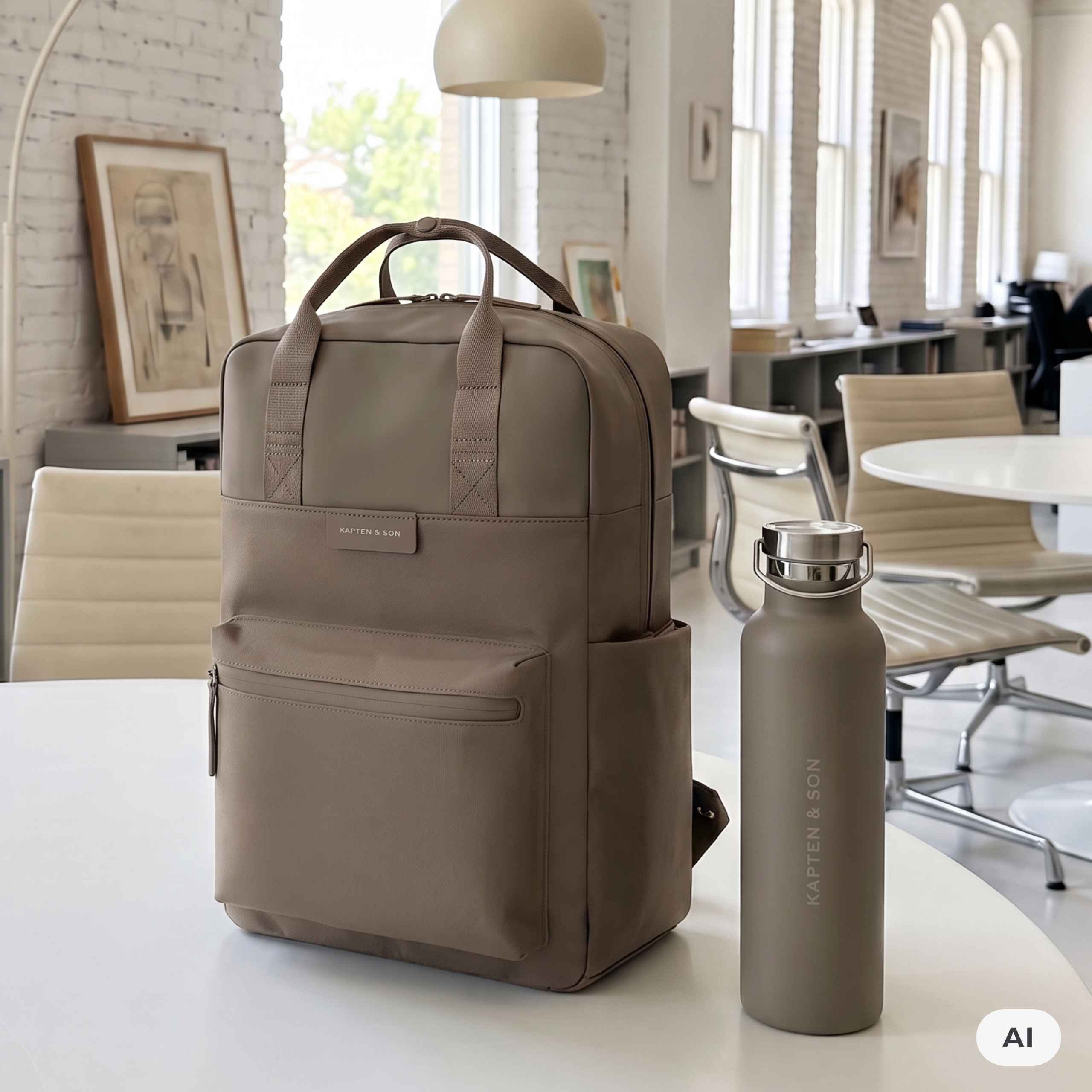 AI Generated: A taupe Kapten & Son backpack and a matching Kapten & Son water bottle placed on a white table in a bright, modern office.