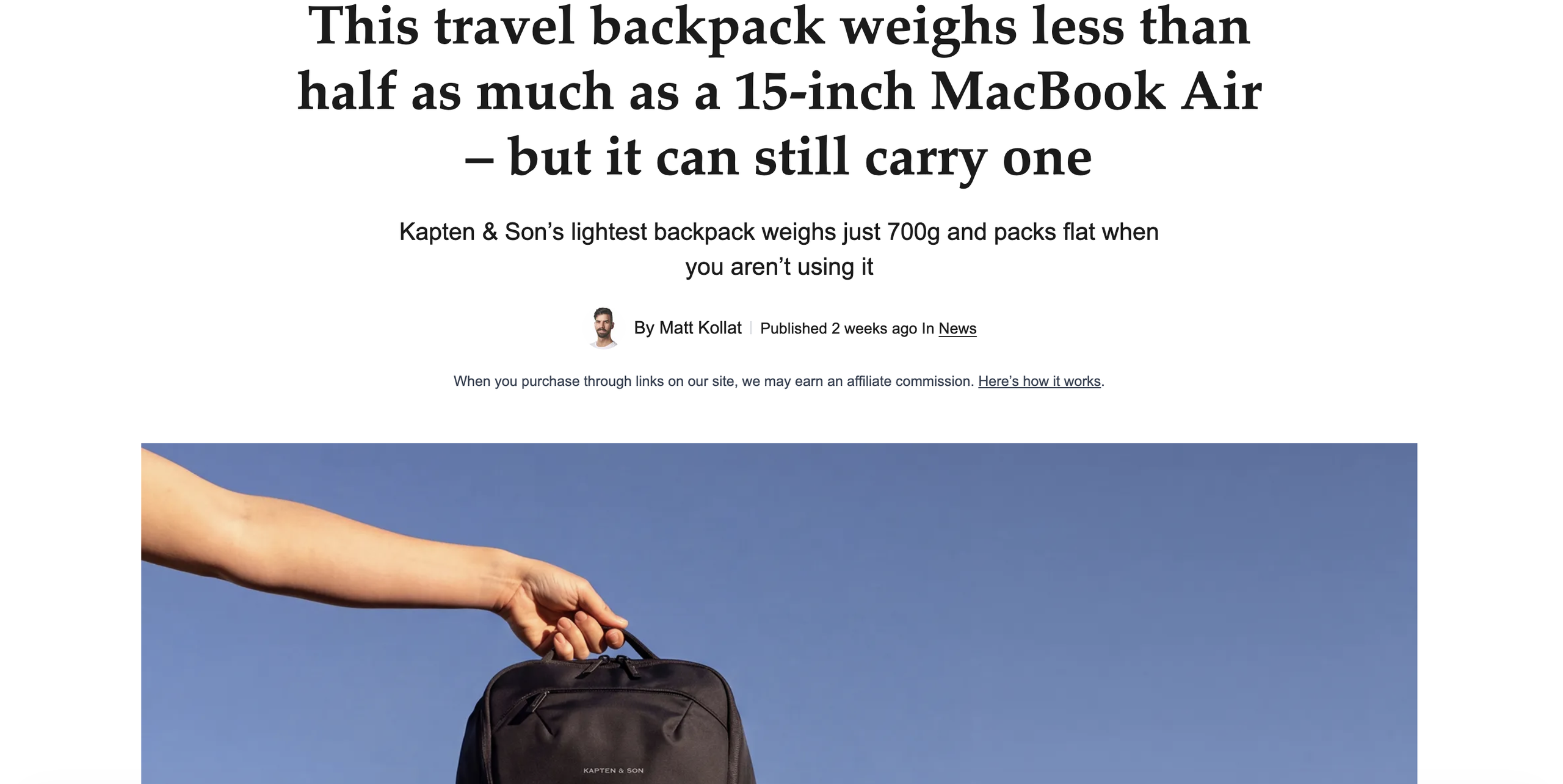 Screenshot of an English-language online article about the lightest Kapten & Son backpack weighing just 700g