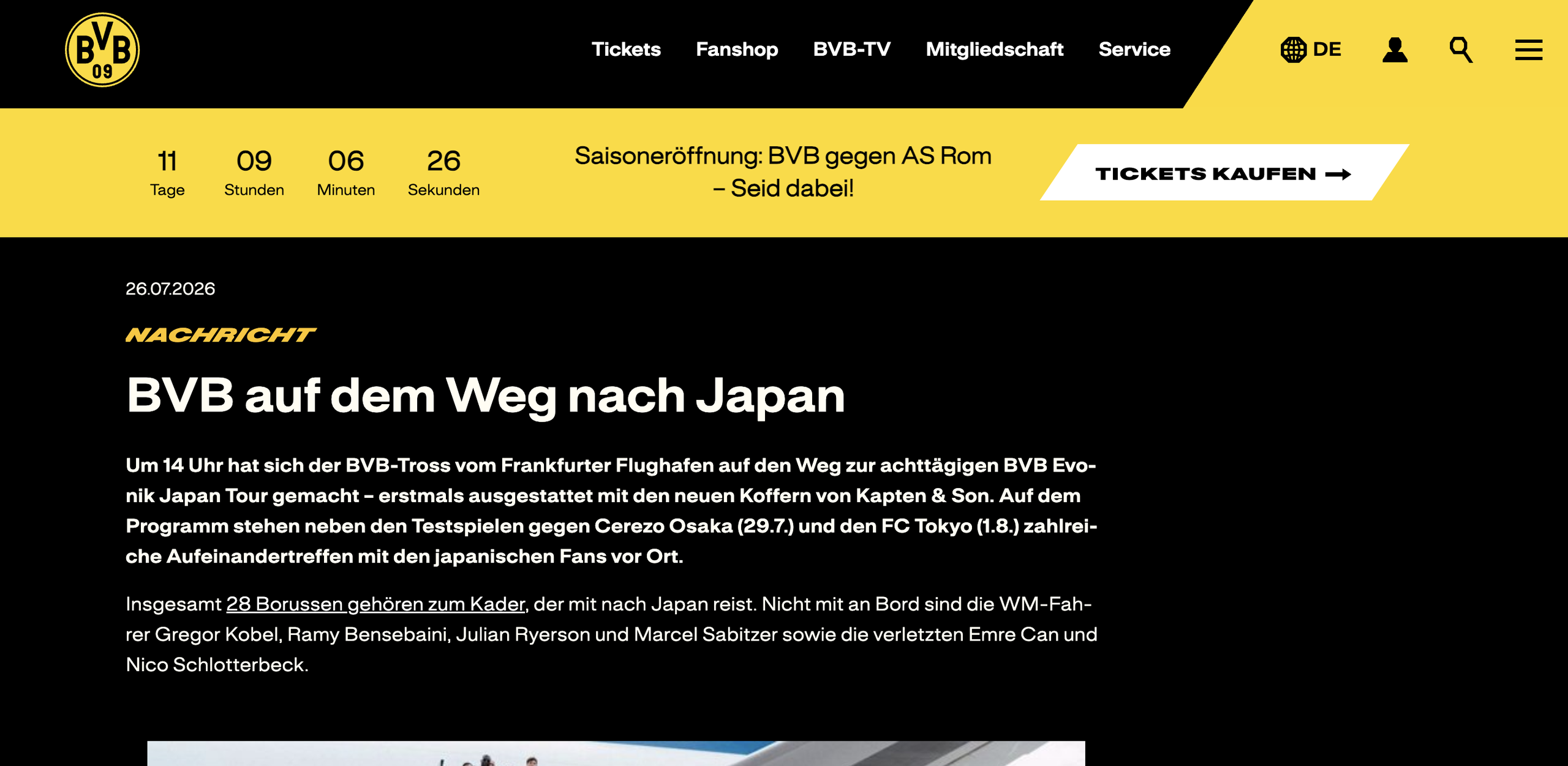 Screenshot eines BVB-Nachrichtenartikels über die Japan Tour 2026, bei der der BVB-Tross erstmals mit Koffern von Kapten & Son ausgestattet ist