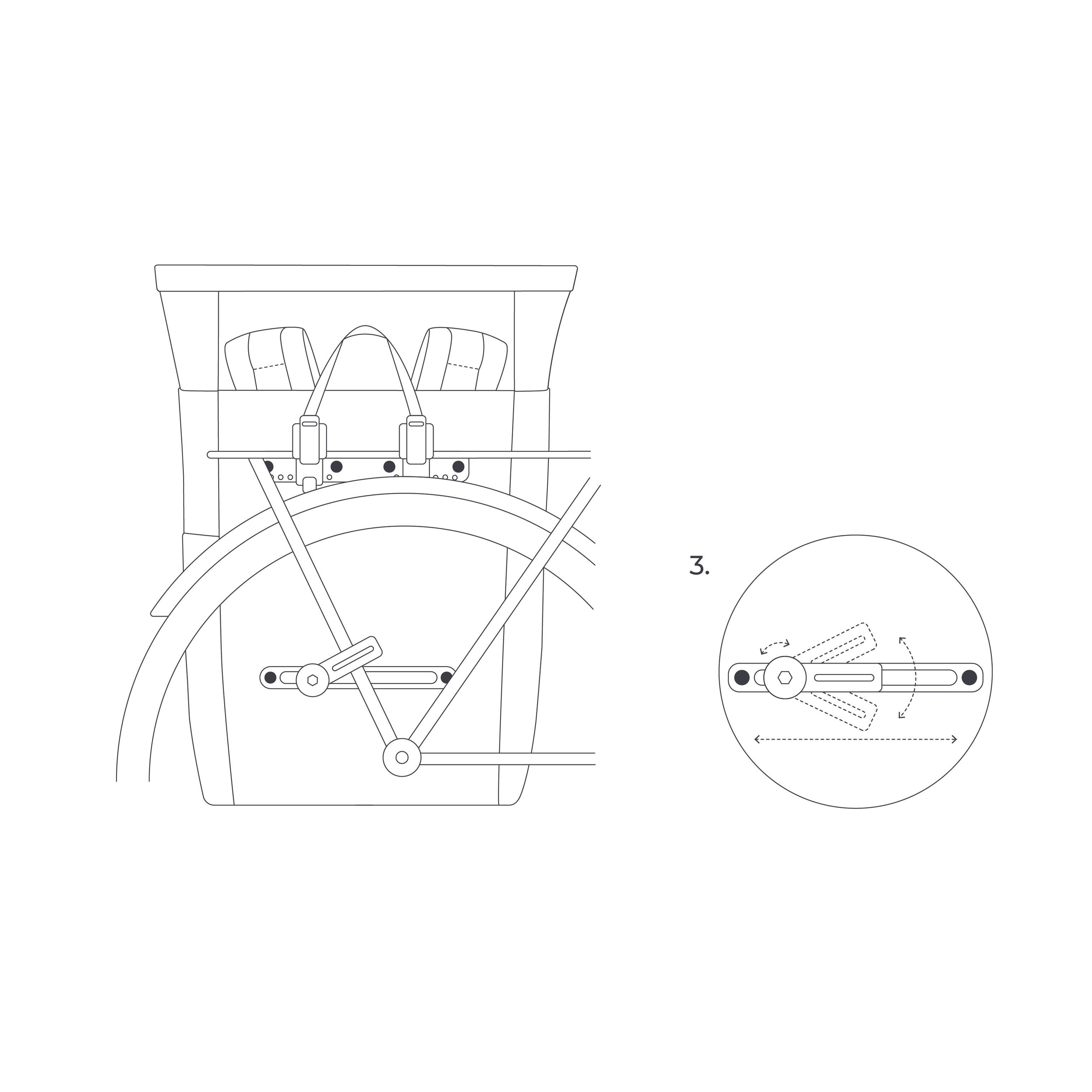 Strichzeichnung des hinteren Schutzbleches und Gepäckträgers eines Fahrrads mit einer Schemazeichnung eines verstellbaren Hebelmechanismus. Kreisförmiger Ausschnitt zeigt die Verstellpositionen im Detail.
