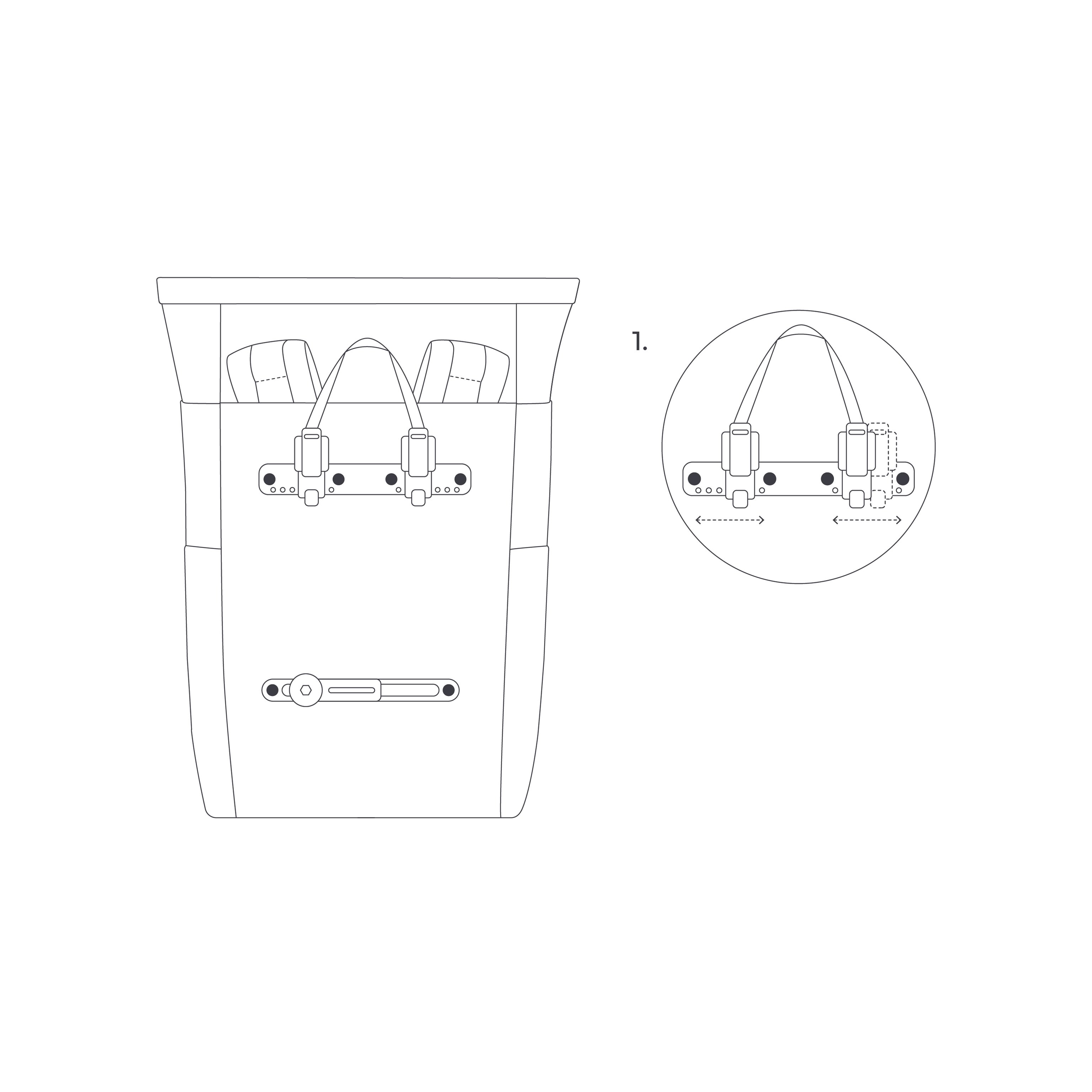 Strichzeichnung eines Rucksacks mit detaillierten Gurten und Schnallen. Eingekreister Ausschnitt zeigt eine Nahaufnahme der Schnallenverstellung. Einfaches, anleitungsartiges Design.