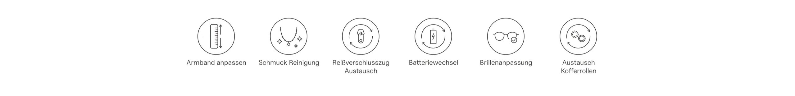 Kapten & Son Store-Service-Icons: Armband-Individualisierung, Schmuckreinigung, Reißverschluss-Austausch, Batteriewechsel, Brillenanpassung, Kofferwechsel