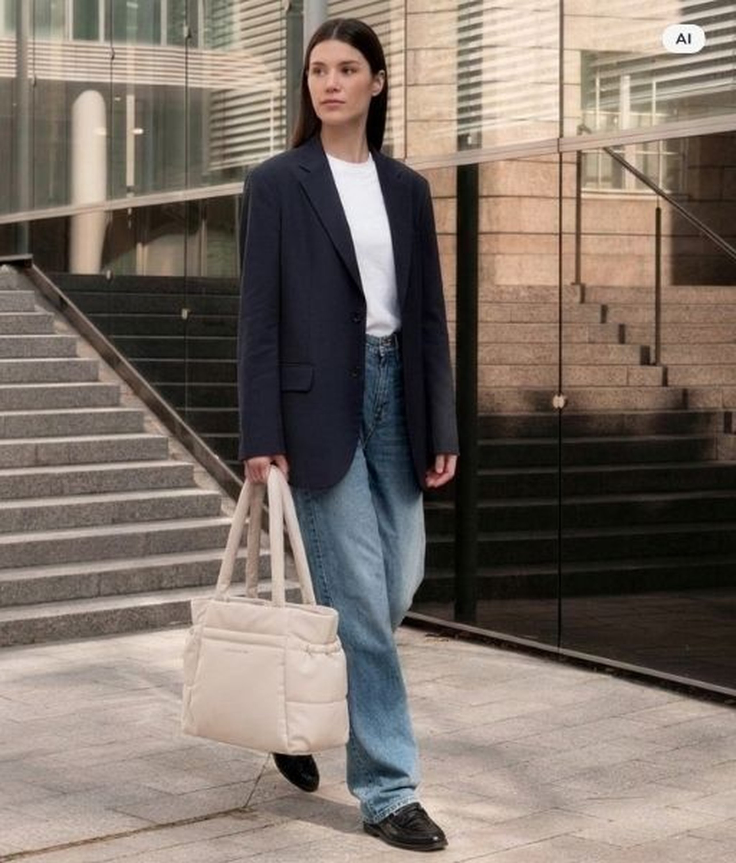 AI Generated Image: Een vrouw in blazer en jeans draagt een beige gewatteerde Kapten & Son tote bag en loopt voor een modern glazen gebouw.