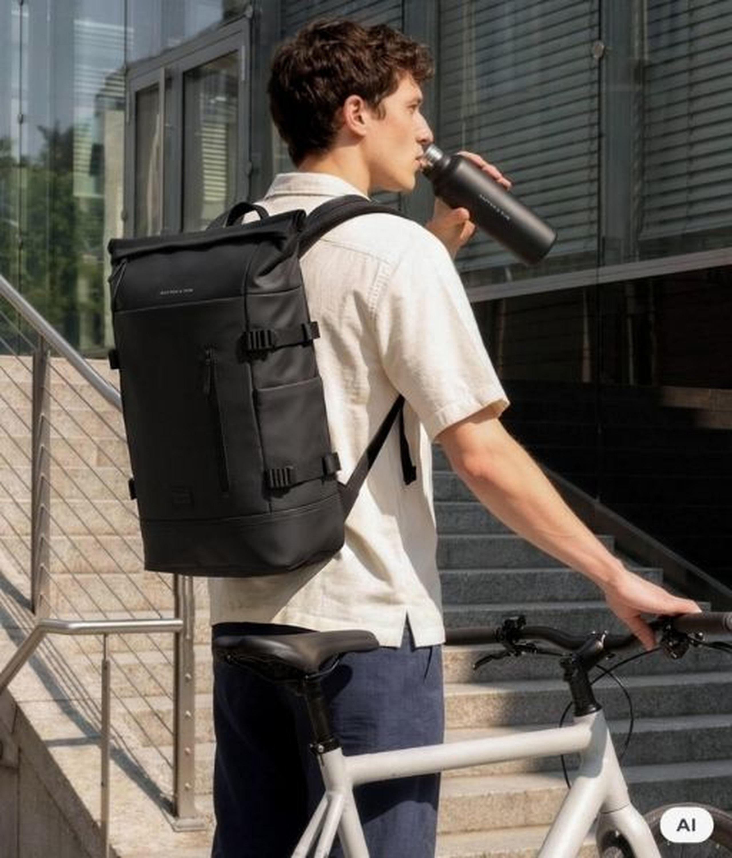 AI Generated: Ein Mann mit einem schwarzen Kapten & Son Rolltop-Rucksack trinkt aus einer schwarzen Kapten & Son Trinkflasche und hält ein Fahrrad an einer Treppe vor einem Glasgebäude.