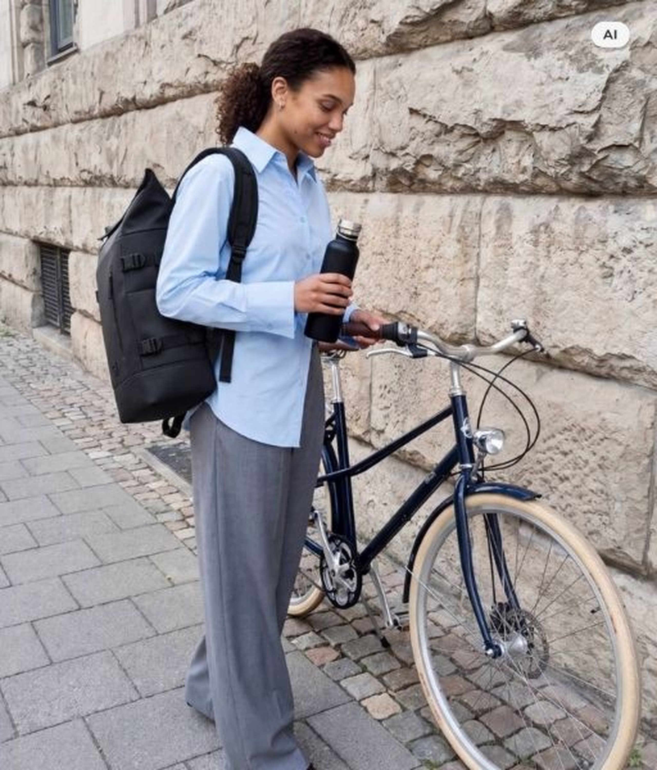 AI Generated Image: Een glimlachende vrouw met een zwarte Kapten & Son rolltop rugzak houdt een zwarte drinkfles vast en staat naast een fiets op een kasseienstraat.