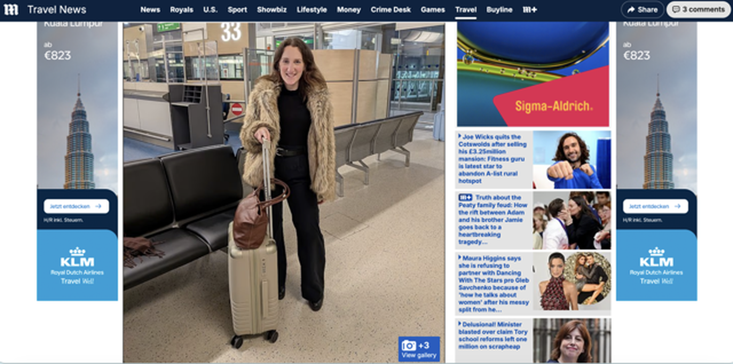 Screenshot of an online article featuring a woman at an airport holding a Kapten & Son suitcase