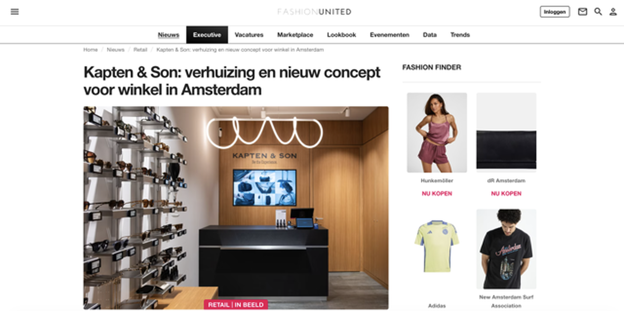 Screenshot van een Nederlandstalig FashionUnited-artikel over de verhuizing en het nieuwe concept van de Kapten & Son winkel in Amsterdam
