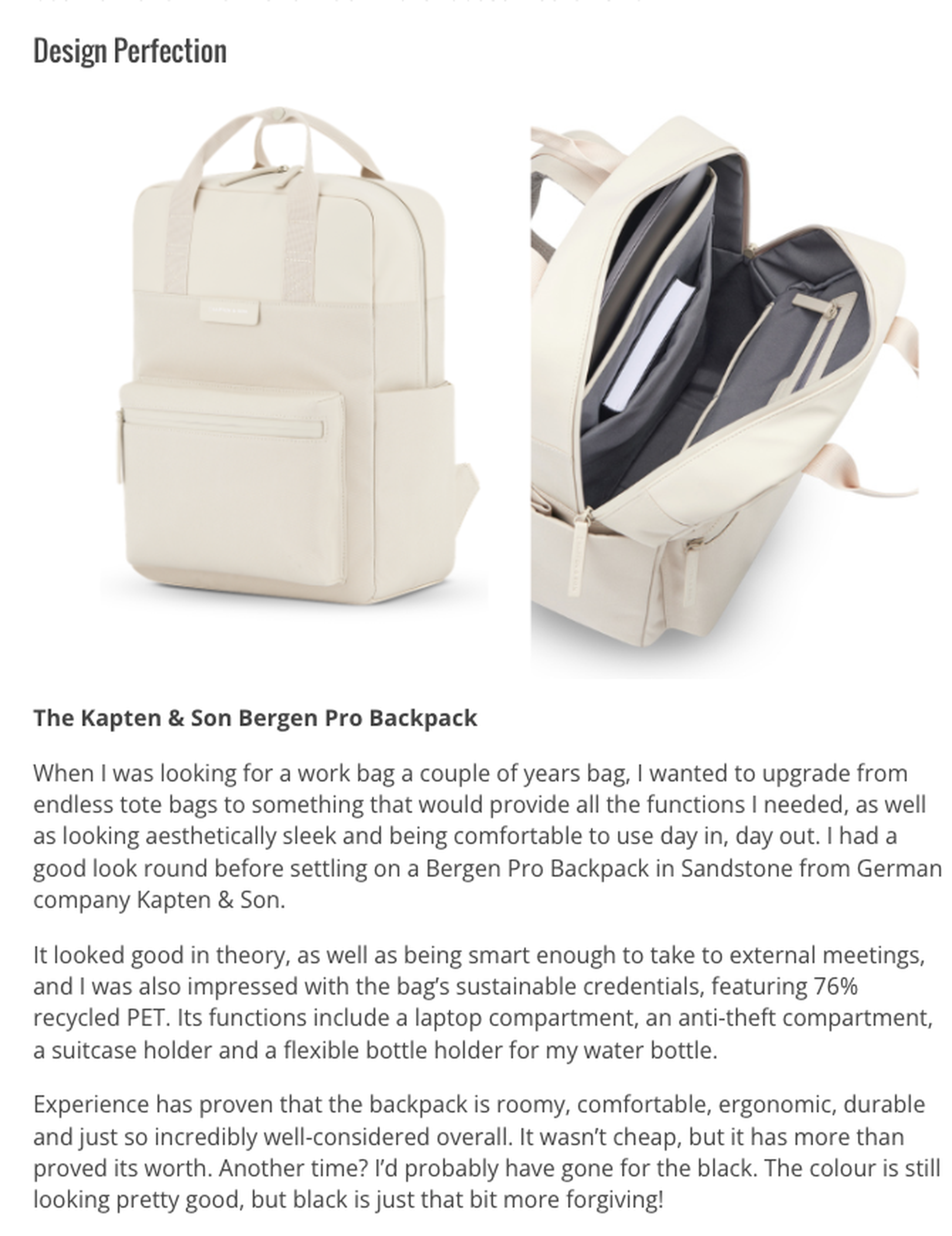Kapten & Son Bergen Pro Backpack in Sandstone shown from the front and open interior view, featured in a Design Insider review highlighting its sustainable materials and functional design