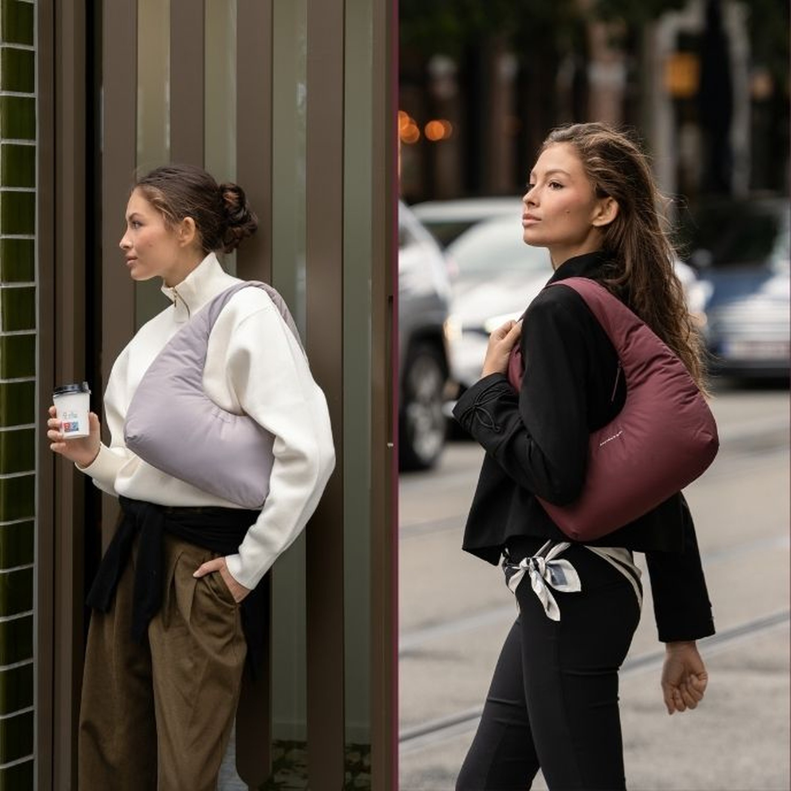 Zweiteiliges Bild mit zwei Frauen, die jeweils eine Kapten & Son Cloud-Schultertasche tragen: links eine Frau mit hochgestecktem Haar in einem weißen Zip-Sweatshirt und olivfarbenen Hosen mit schwarzer Schärpe, die einen Kaffeebecher hält und eine große hellmauve Cloud-Tasche trägt; rechts eine Frau mit langen welligen Haaren in einem schwarzen Blazer und schwarzen Leggings mit einem Seidenschal um die Taille, die eine große burgunderrote Cloud-Tasche über der Schulter auf einer Stadtstraße trägt.