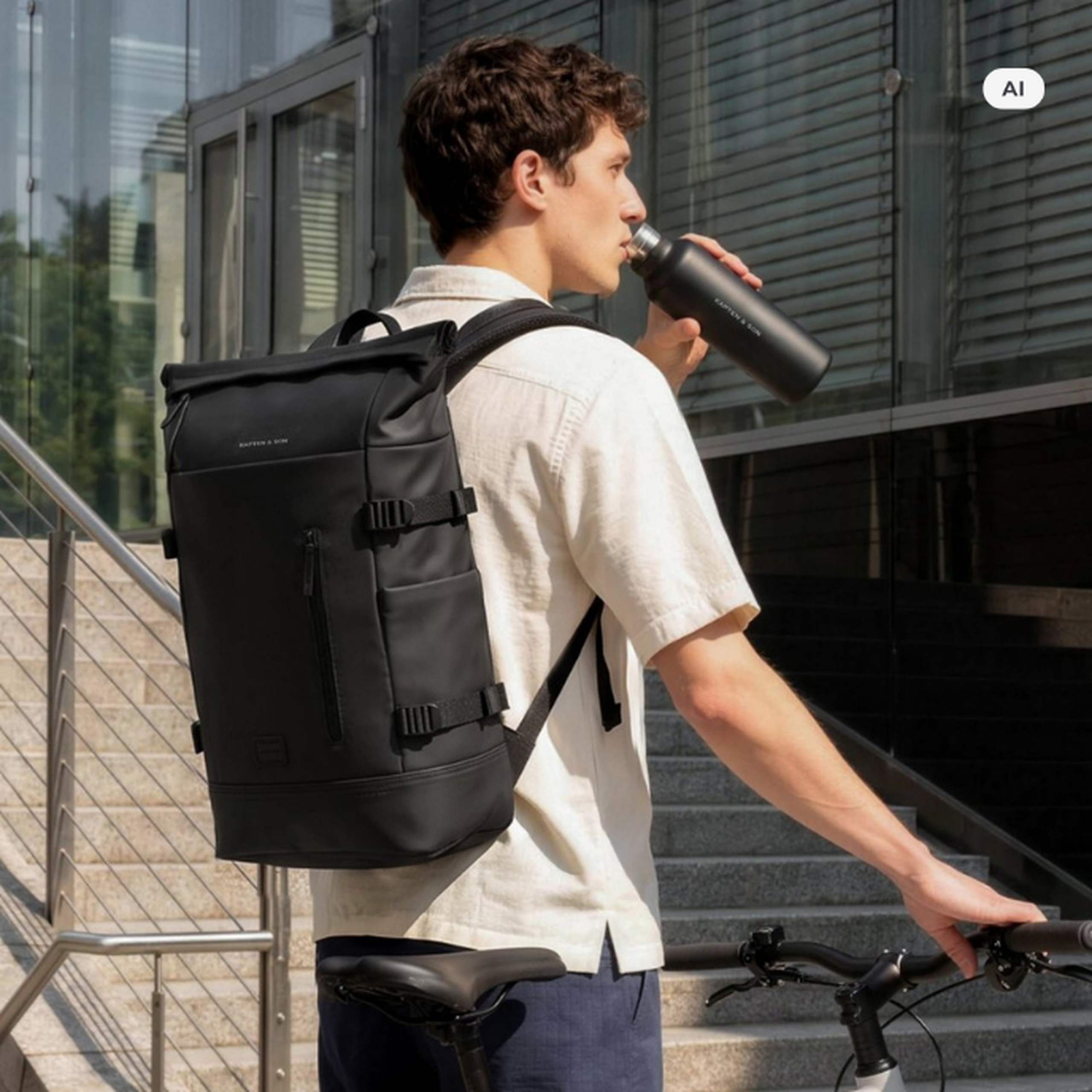 AI Generated Image: Ein Mann mit einem schwarzen Kapten & Son Rolltop-Rucksack trinkt aus einer schwarzen Kapten & Son Trinkflasche und hält ein Fahrrad an einer Treppe vor einem modernen Glasgebäude.
