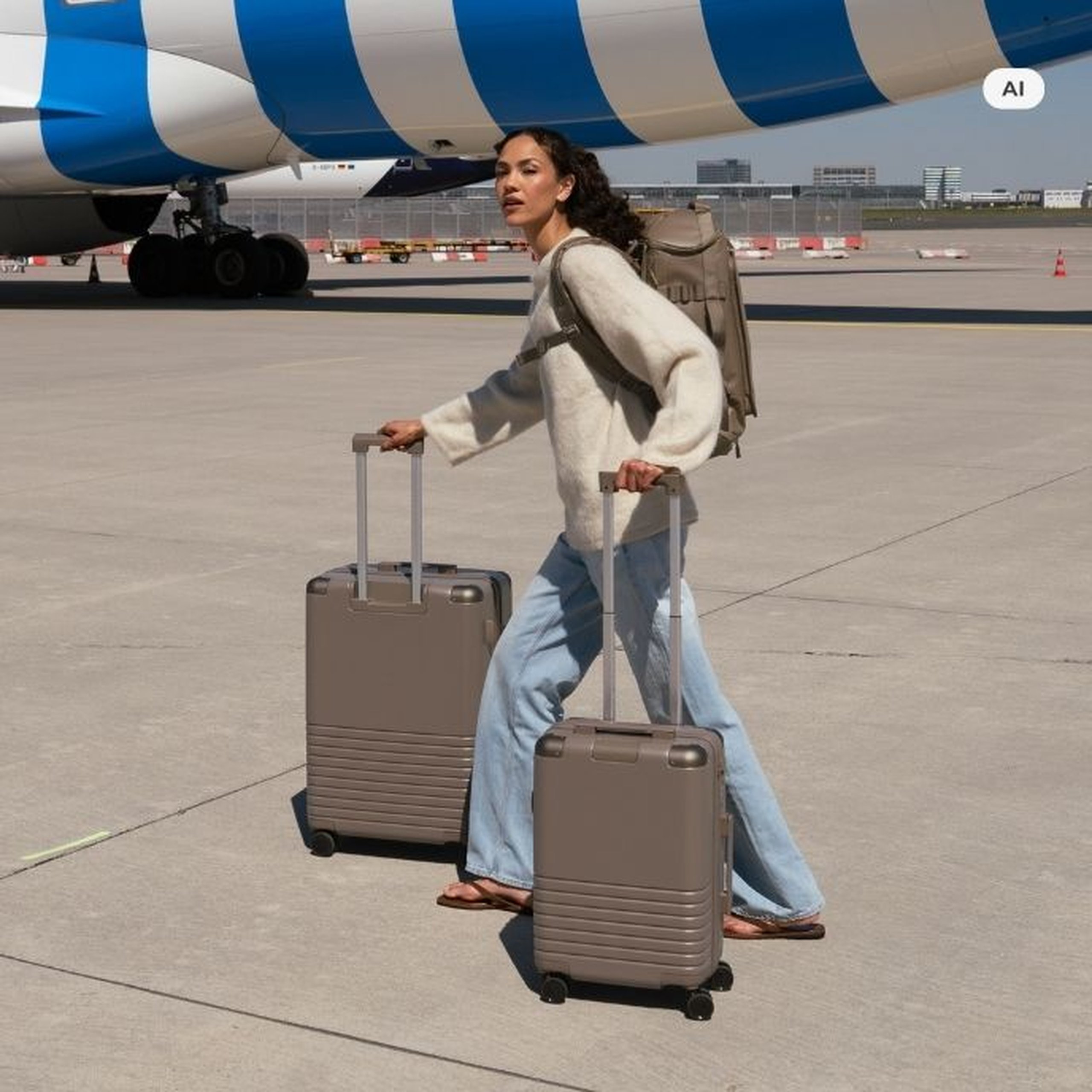 AI Generated Image: Eine Frau in einem cremefarbenen Pullover und Jeans zieht zwei taupefarbene Kapten & Son Koffer über ein Flughafenvorfeld, auf dem Rücken trägt sie einen taupefarbenen Rucksack.