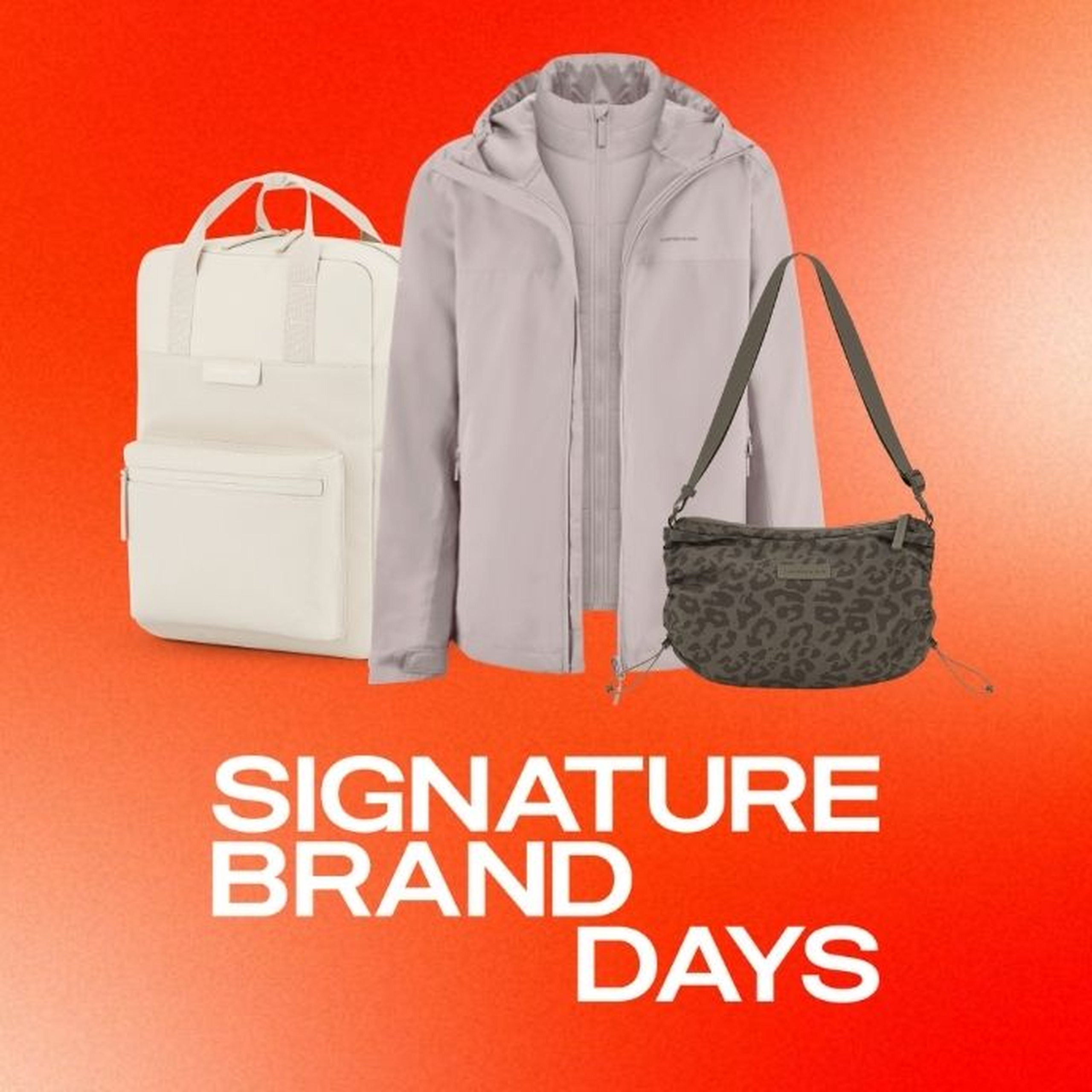 Werbebild mit orangefarbenem Hintergrund und dem Text „Signature Brand Days" in weißen Großbuchstaben, mit drei Kapten & Son Produkten: ein cremefarbener Rucksack mit Tragegriffen, eine hellmauve 3-in-1-Regenjacke mit Kapuze und eine olivgrüne Schultertasche mit Leopardenmuster.
