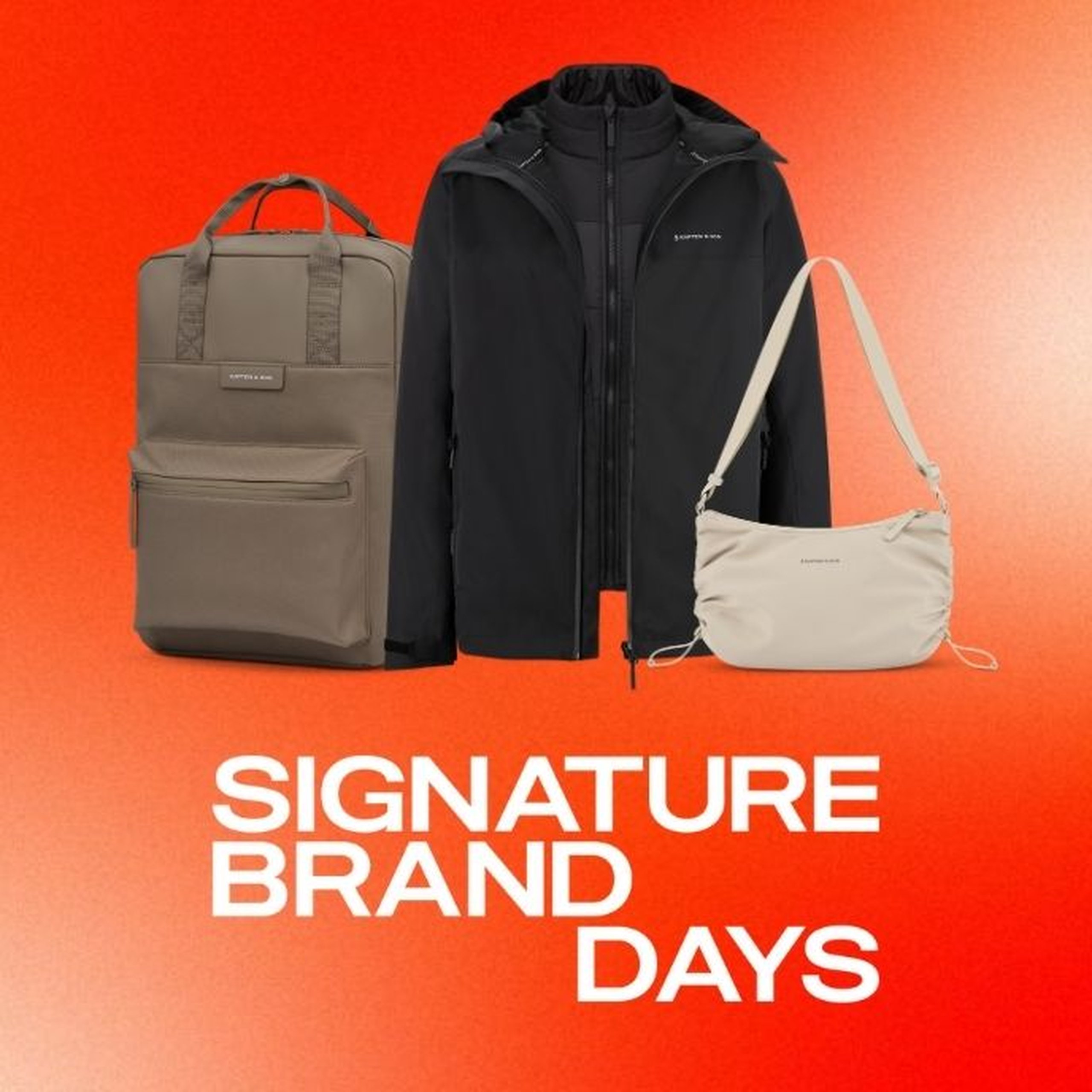 Werbebild mit orangefarbenem Hintergrund und dem Text „Signature Brand Days" in weißen Großbuchstaben, mit drei Kapten & Son Produkten: ein taupefarbener Rucksack mit Tragegriffen, eine schwarze 3-in-1-Jacke mit Kapuze und eine cremefarbene Schultertasche.