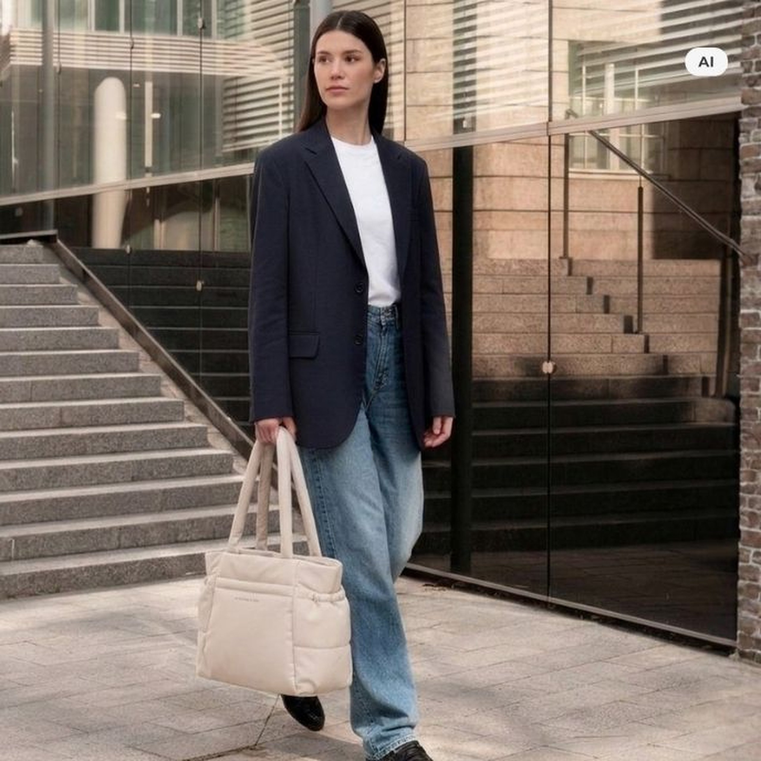 AI Generated: Eine Frau in Blazer und Jeans trägt eine beige gesteppte Kapten & Son Tote Bag und läuft vor einem modernen Glasgebäude.