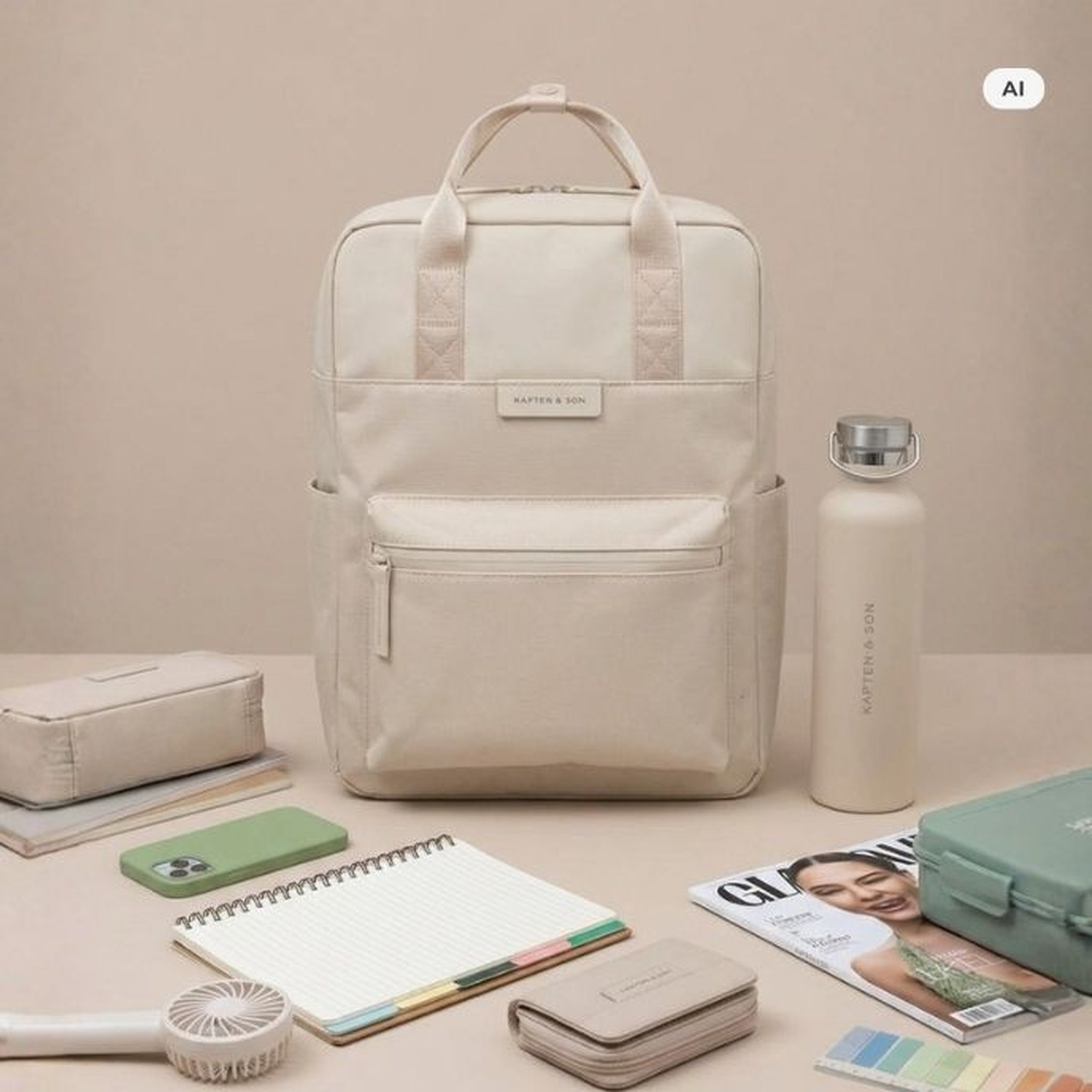 AI Generated: Ein cremefarbener Kapten & Son Rucksack und eine passende Trinkflasche in einer Flatlay-Aufnahme, umgeben von Schulutensilien wie Notizbuch, Magazin, Smartphone, Geldbörse und einem Mini-Ventilator.