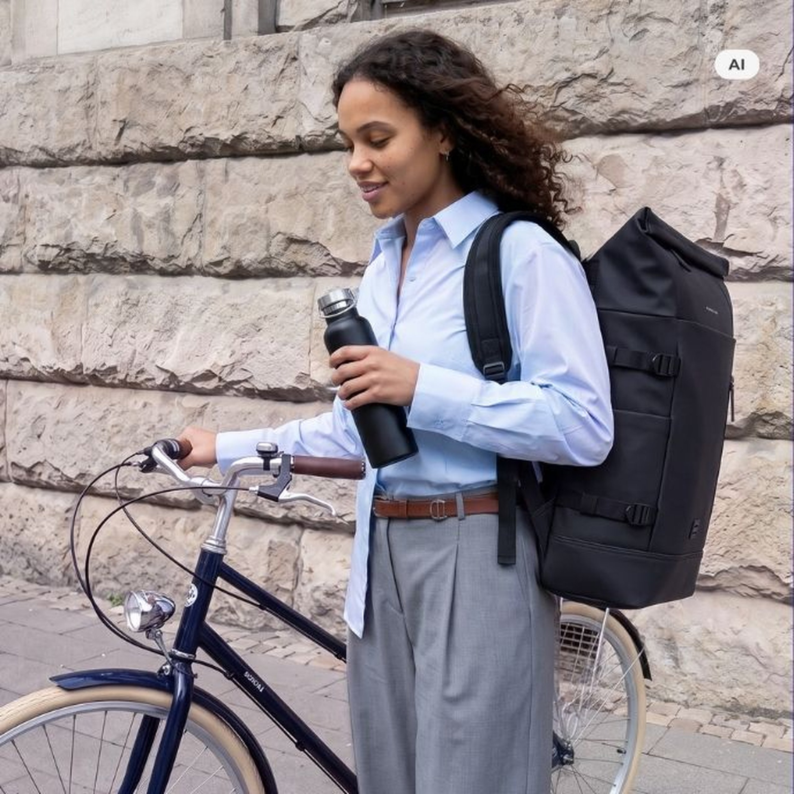 AI Generated Image: A smiling woman wearing a black Kapten & Son rolltop backpack holds a black Kapten & Son water bottle while standing next to a bicycle in front of a stone wall.
