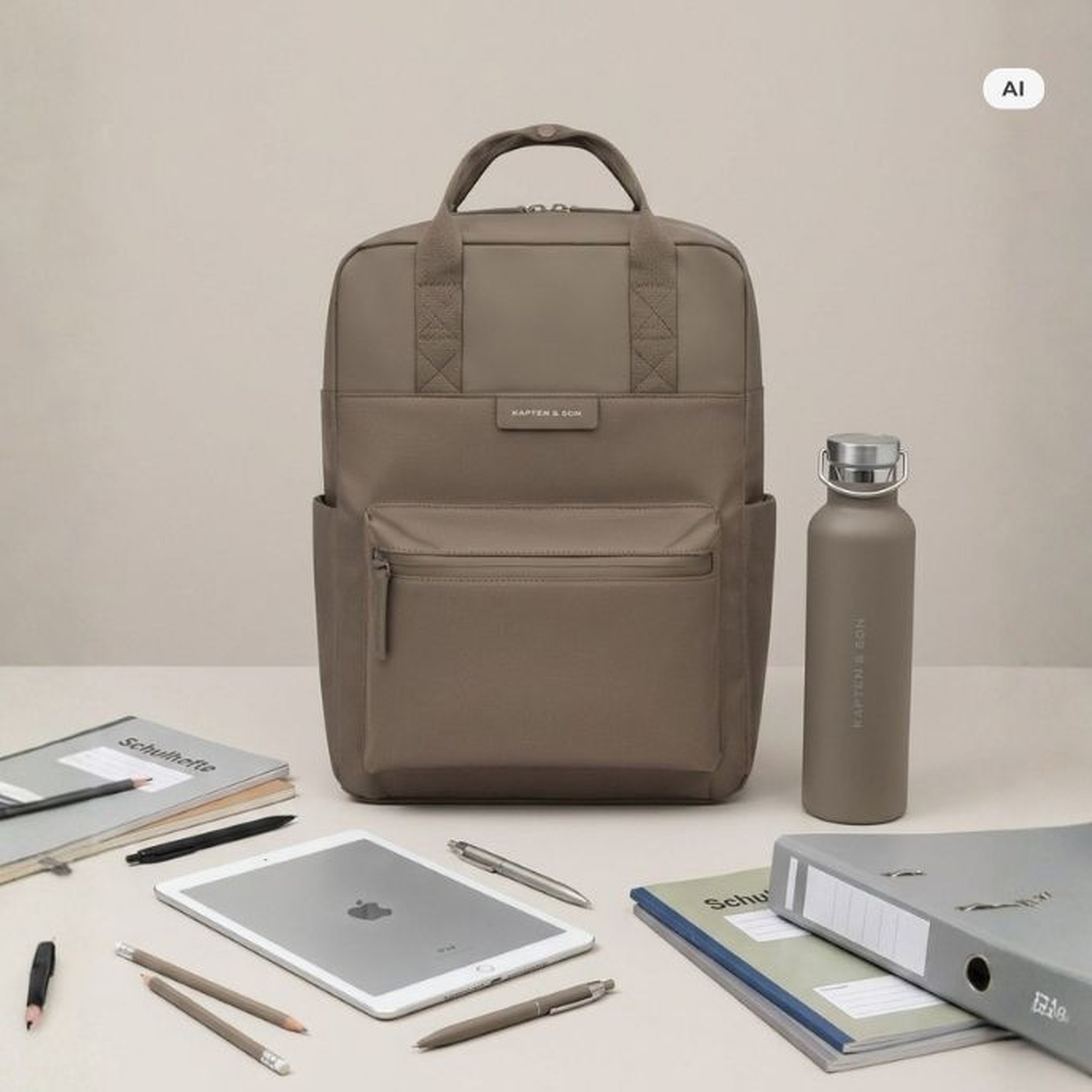 AI Generated: A taupe Kapten & Son backpack and a matching water bottle in a flatlay shot, surrounded by school supplies such as a tablet, notebooks, a binder and pens.