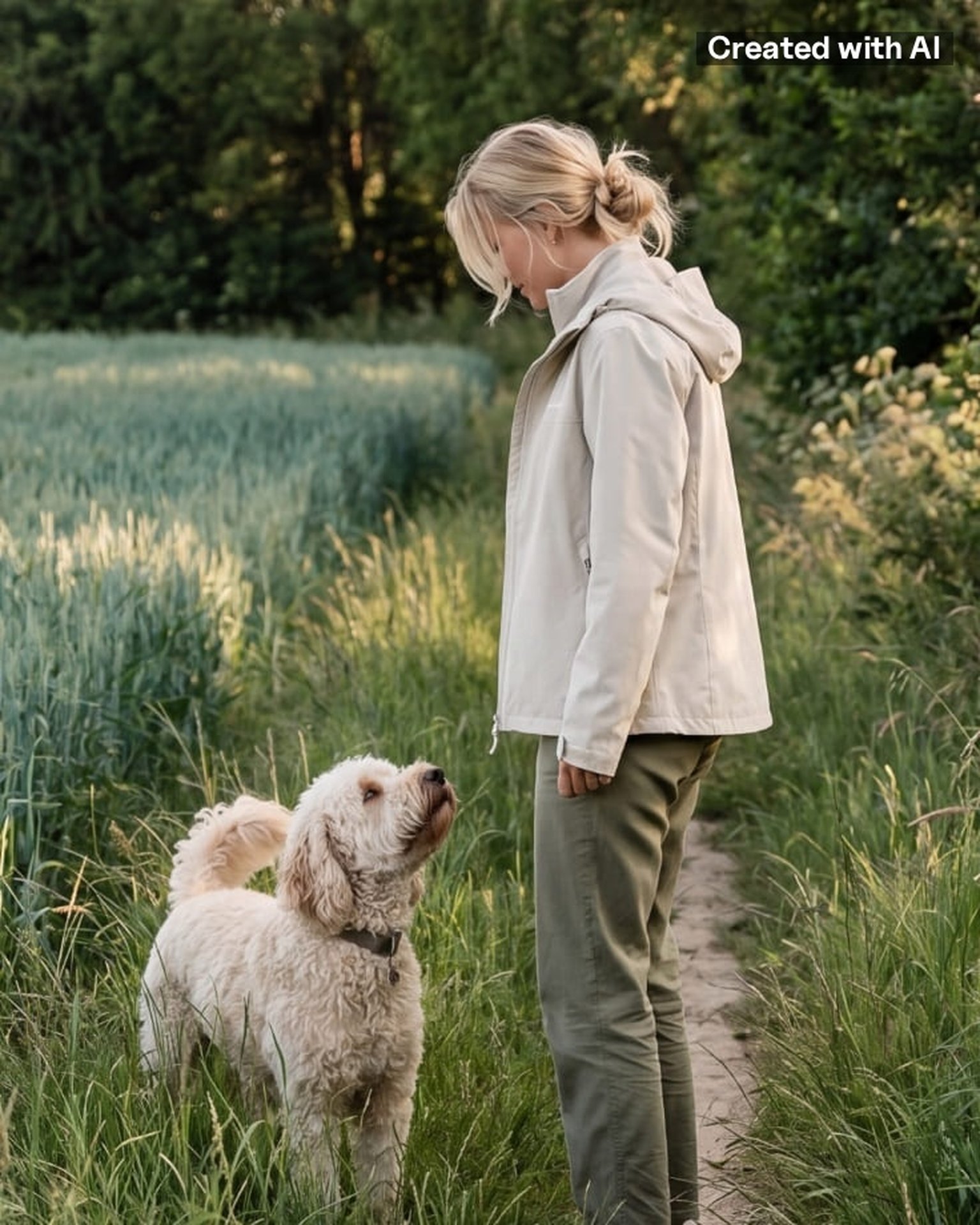 junge frau trägt kapten & son jacke und geht gassi mit hund